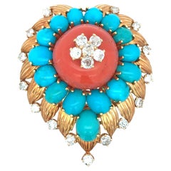 Van Cleef & Arpels, 18K Gold Coral Turquoise Diamond Brooch