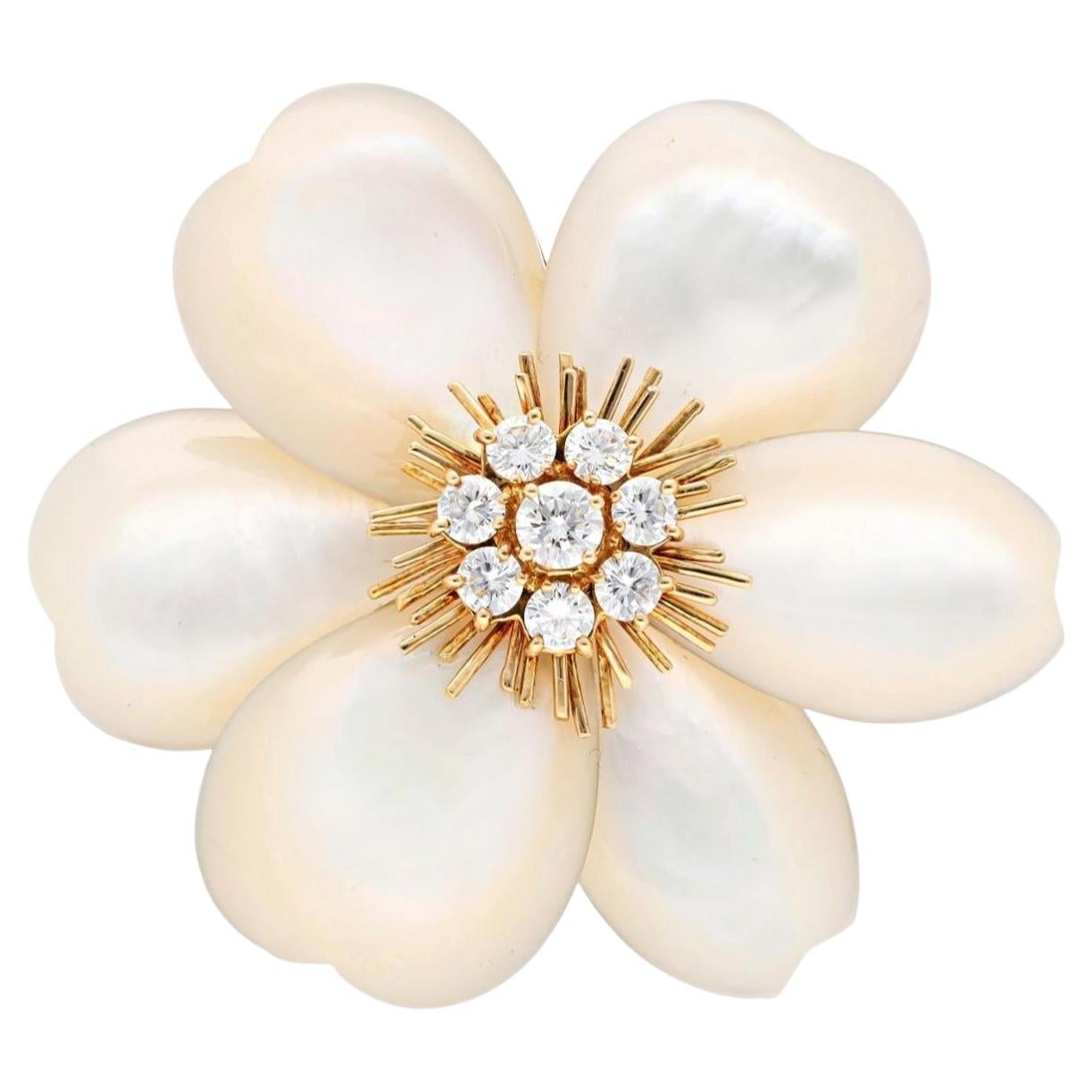 VAN CLEEF & ARPELS 18K Gold, Diamond and Mother of Pearl Rose de Noël Brooch