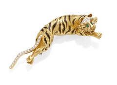Van Cleef & Arpels 18k Gold & Enamel Tiger Brooch with Diamonds & Emeralds