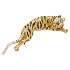 Van Cleef & Arpels 18k Gold & Enamel Tiger Brooch with Diamonds & Emeralds