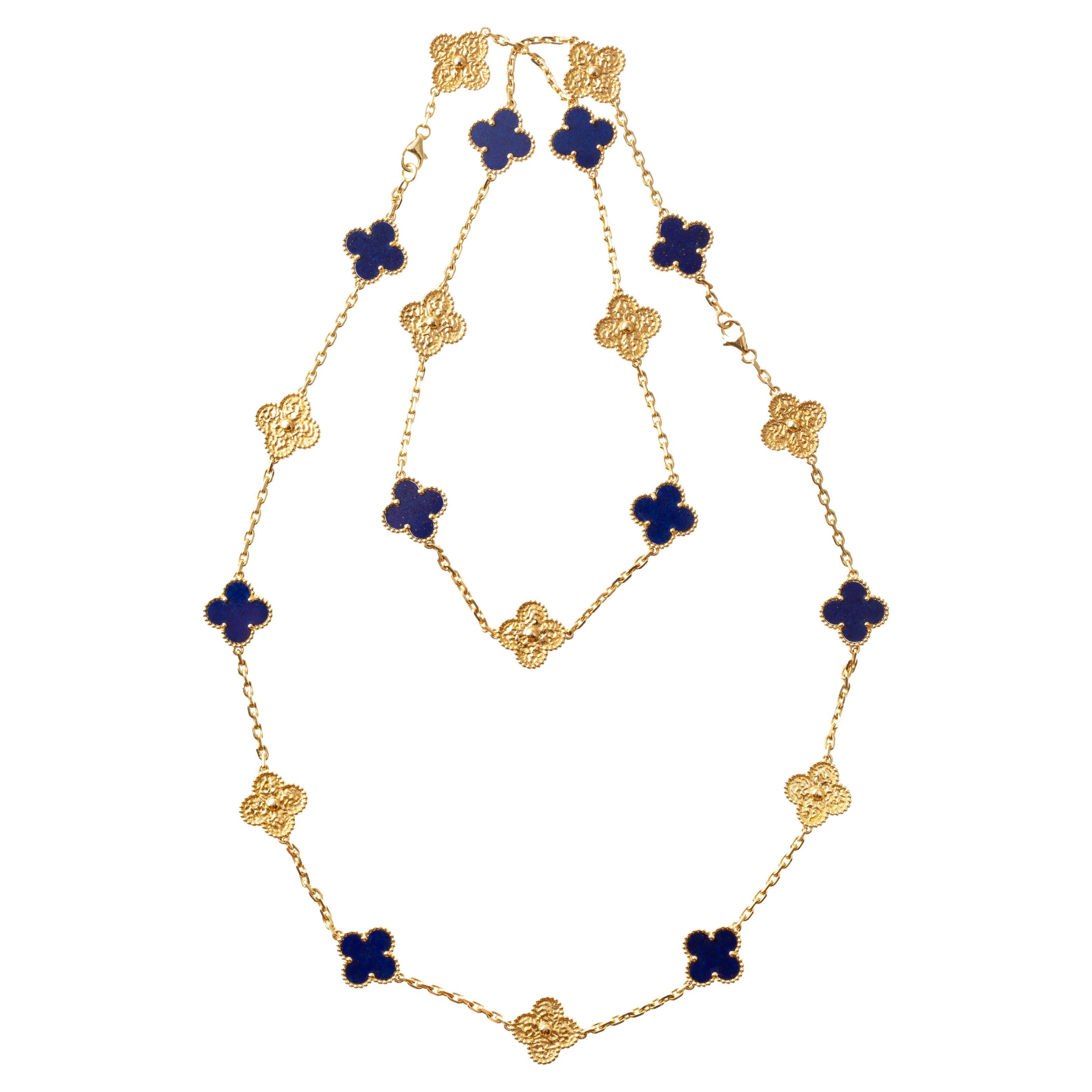 Rare limited edition Vintage Alhambra 18k yellow gold and lapis lazuli necklace by Van Cleef & Arpels.  The 16