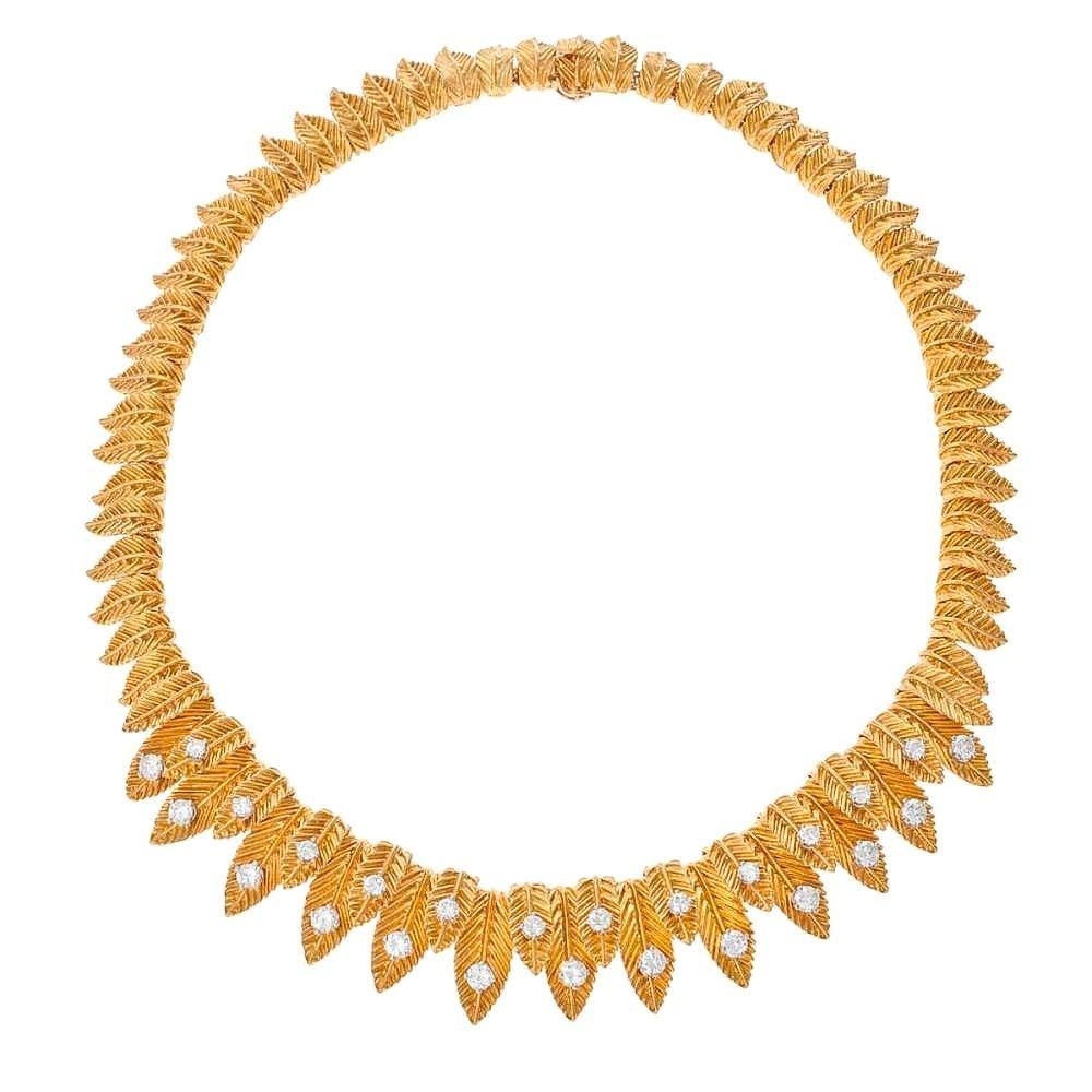 Van Cleef & Arpels, collana girocollo vintage retrò con diamanti e foglie in oro 18 carati in vendita 5