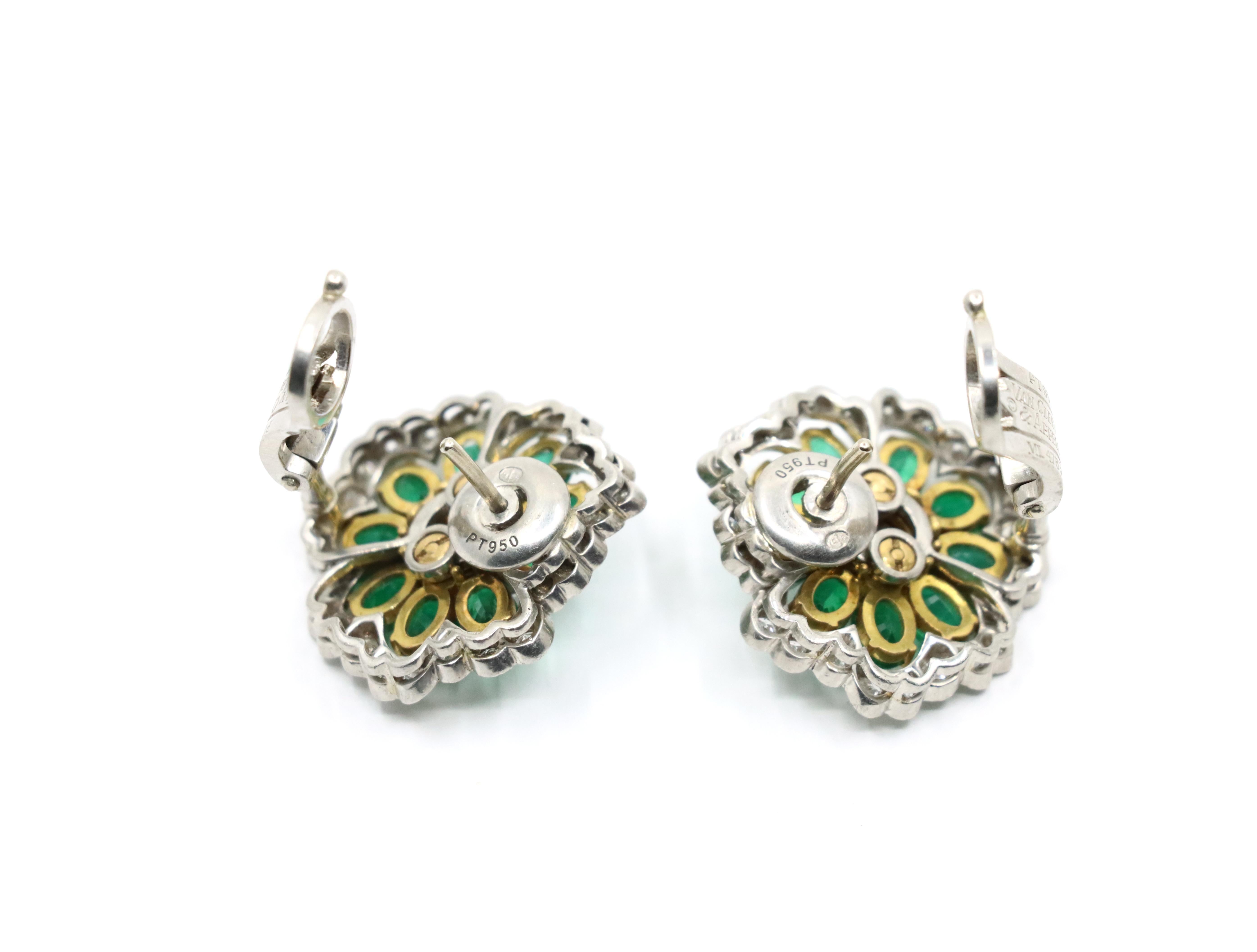 Van Cleef & Arpels Platinum Emerald And Diamond Camellia Flower Earrings For Sale 5