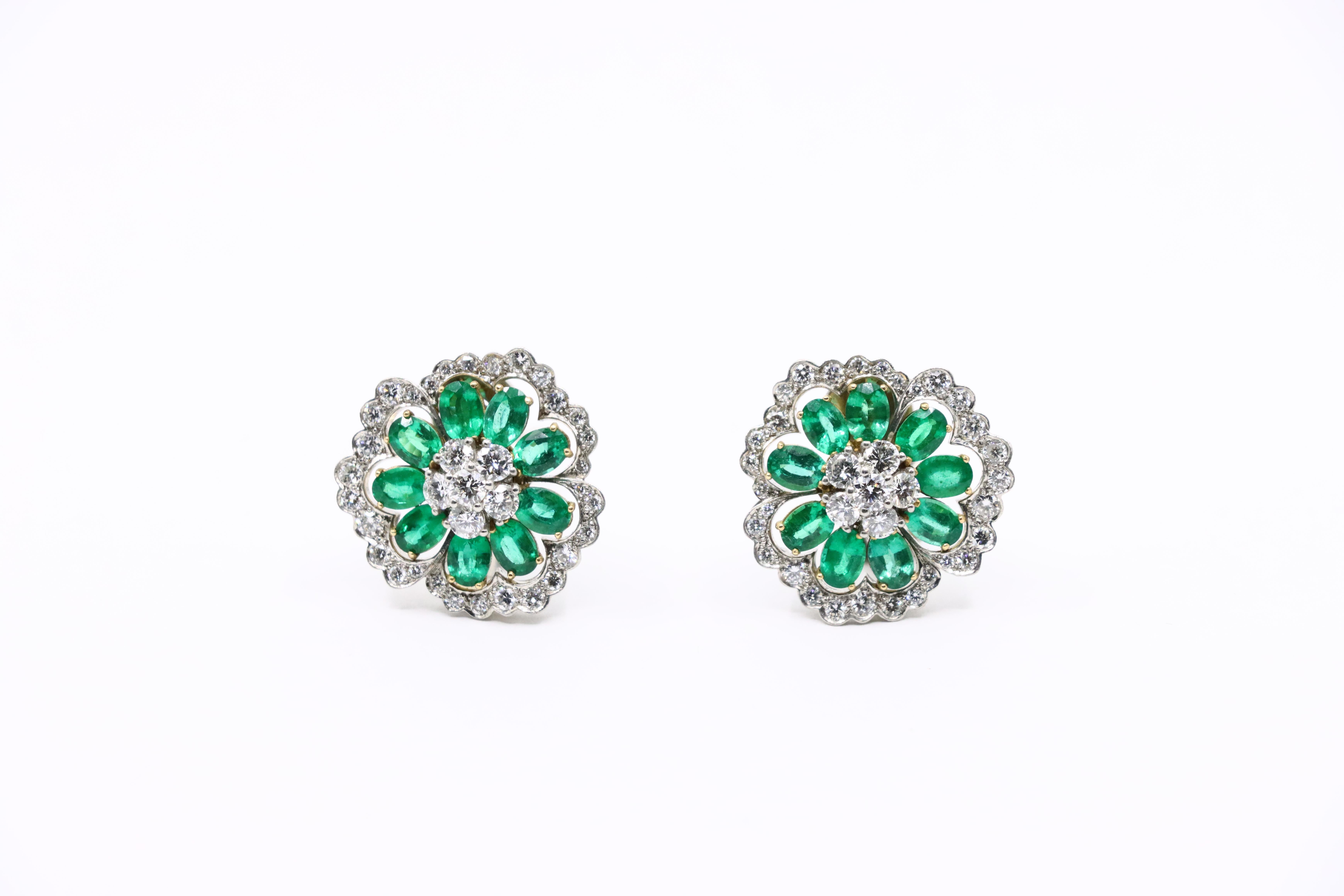 Mixed Cut Van Cleef & Arpels Platinum Emerald And Diamond Camellia Flower Earrings For Sale