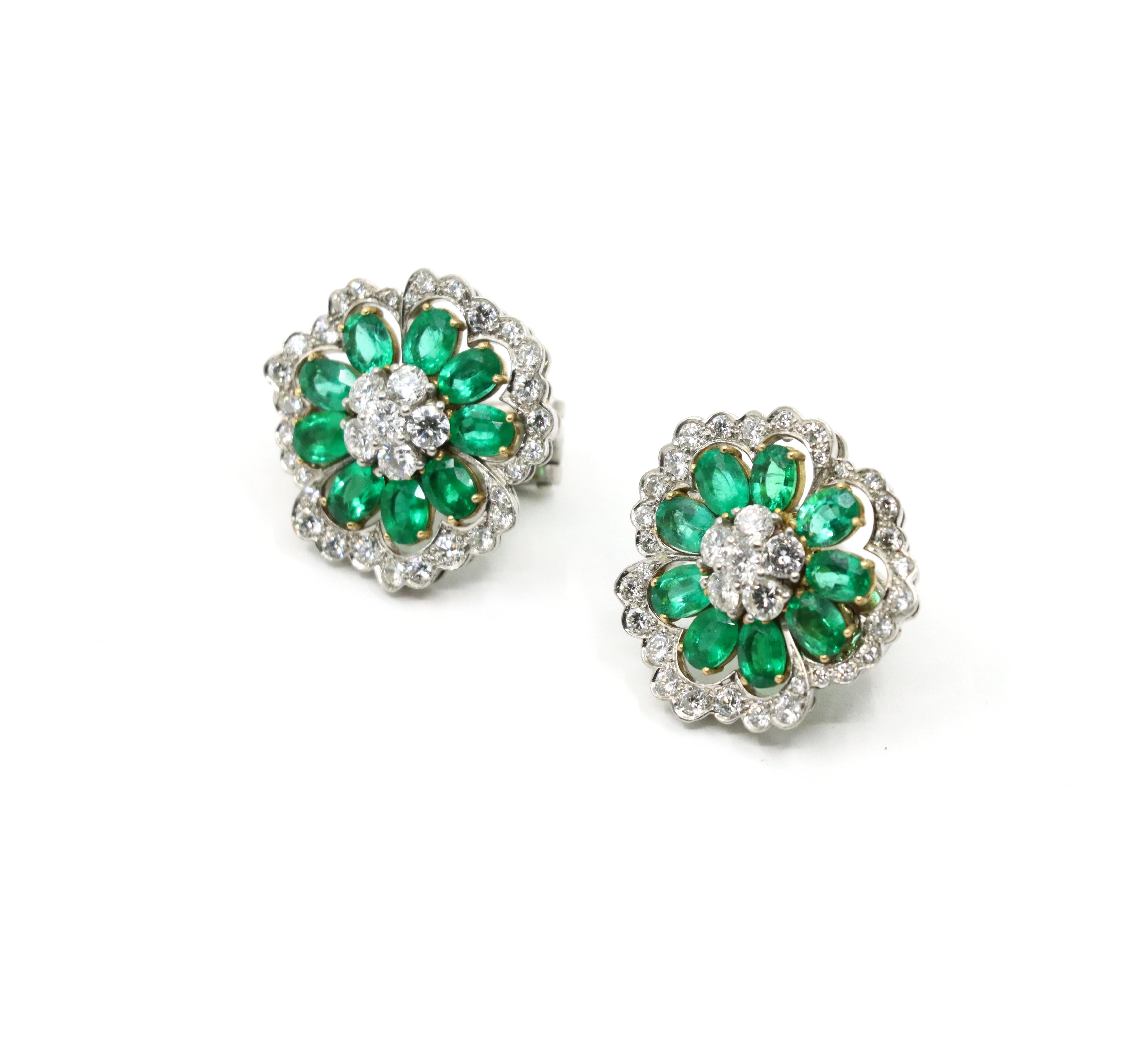 Van Cleef & Arpels Platinum Emerald And Diamond Camellia Flower Earrings In Good Condition For Sale In Flushing, NY