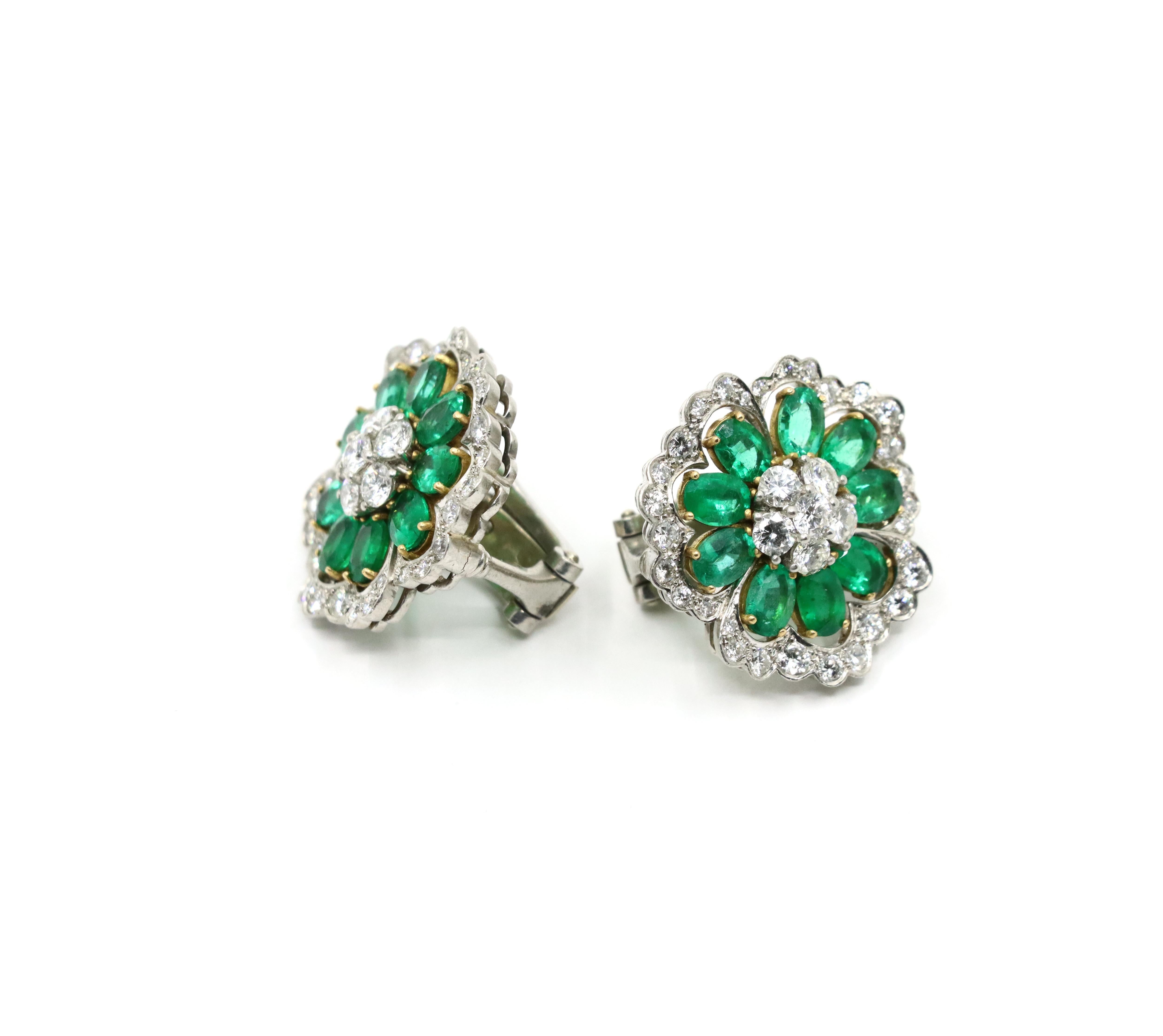 Van Cleef & Arpels Platinum Emerald And Diamond Camellia Flower Earrings For Sale 2