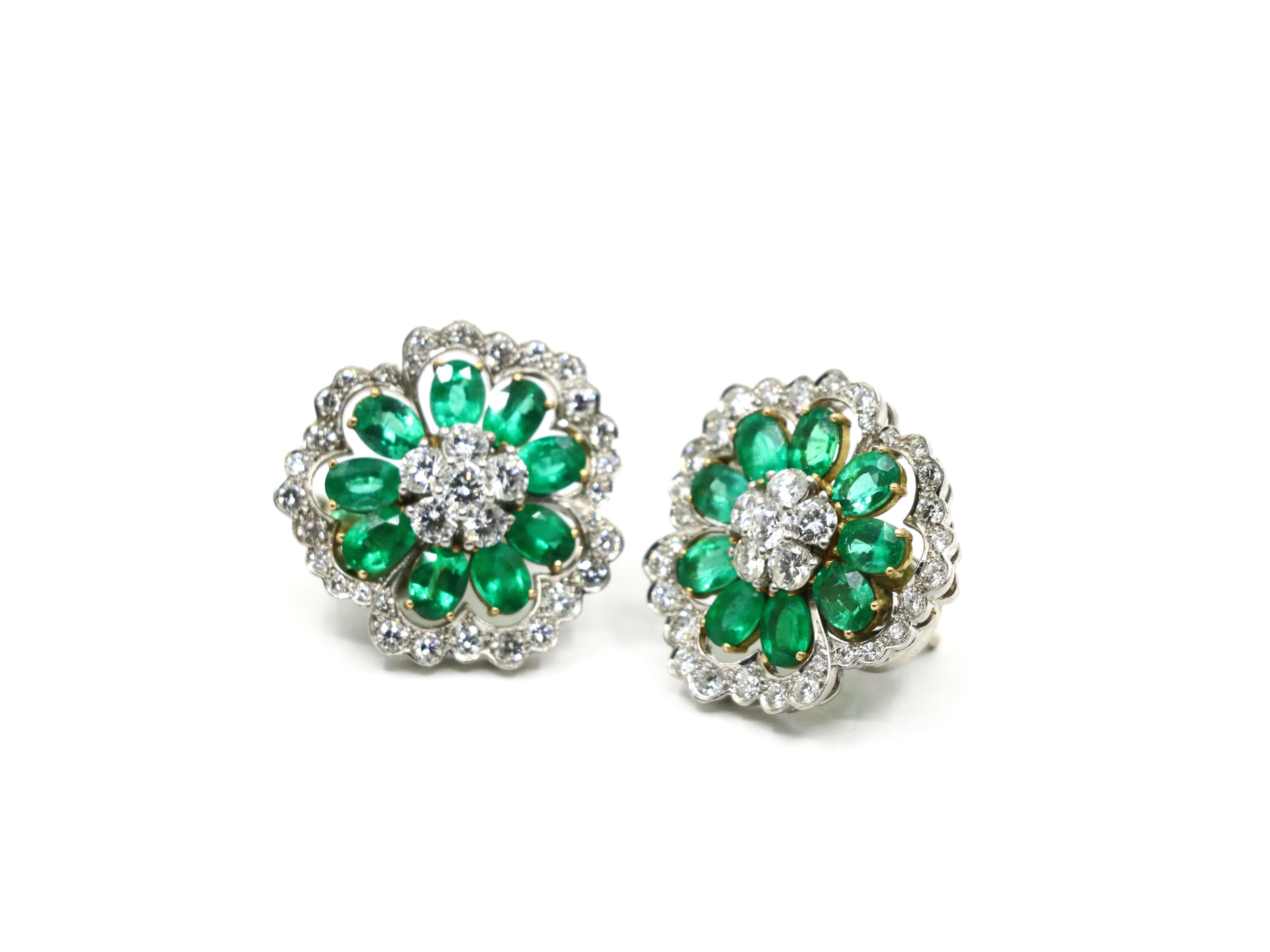 Van Cleef & Arpels Platinum Emerald And Diamond Camellia Flower Earrings For Sale 3