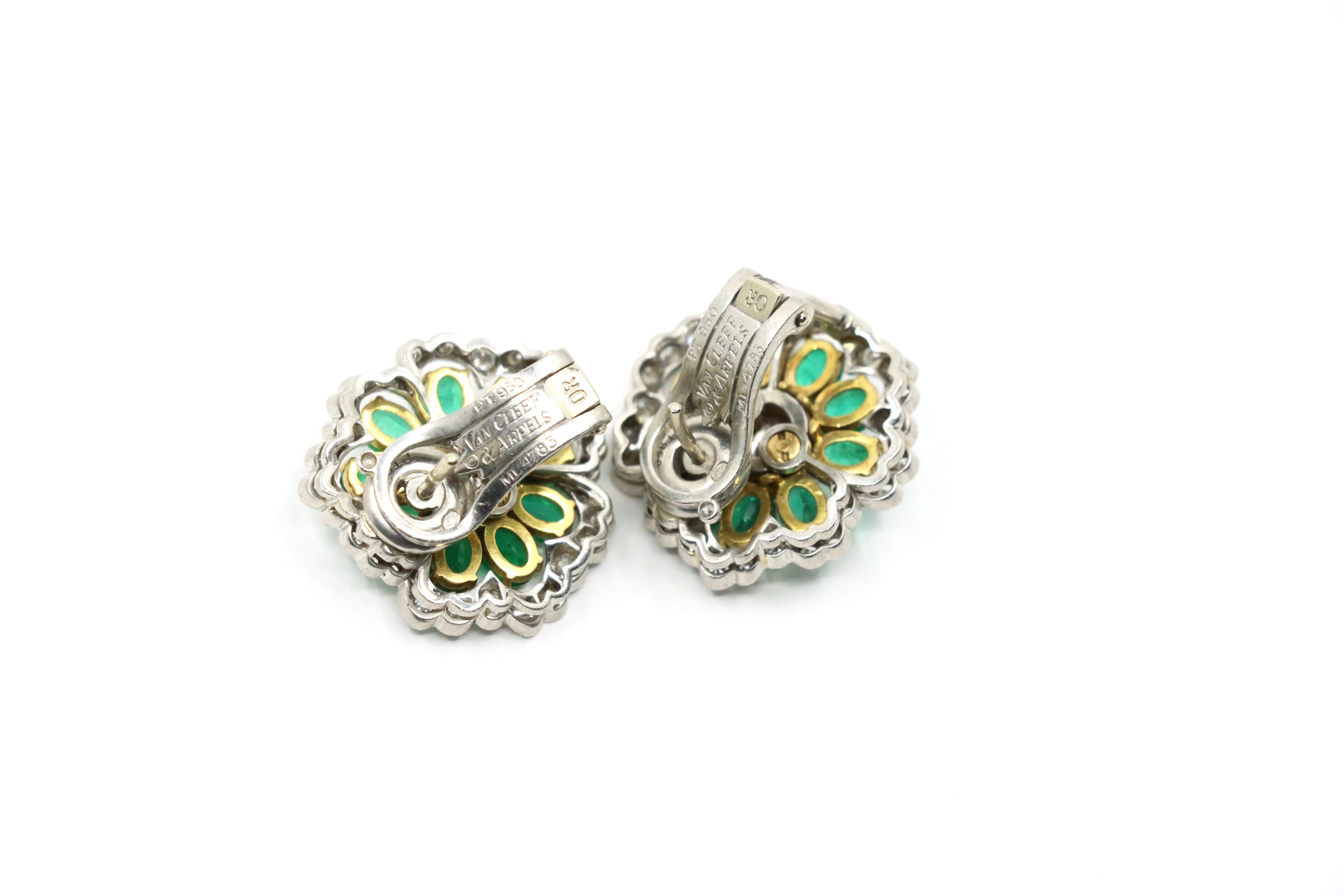 Van Cleef & Arpels Platinum Emerald And Diamond Camellia Flower Earrings For Sale 4
