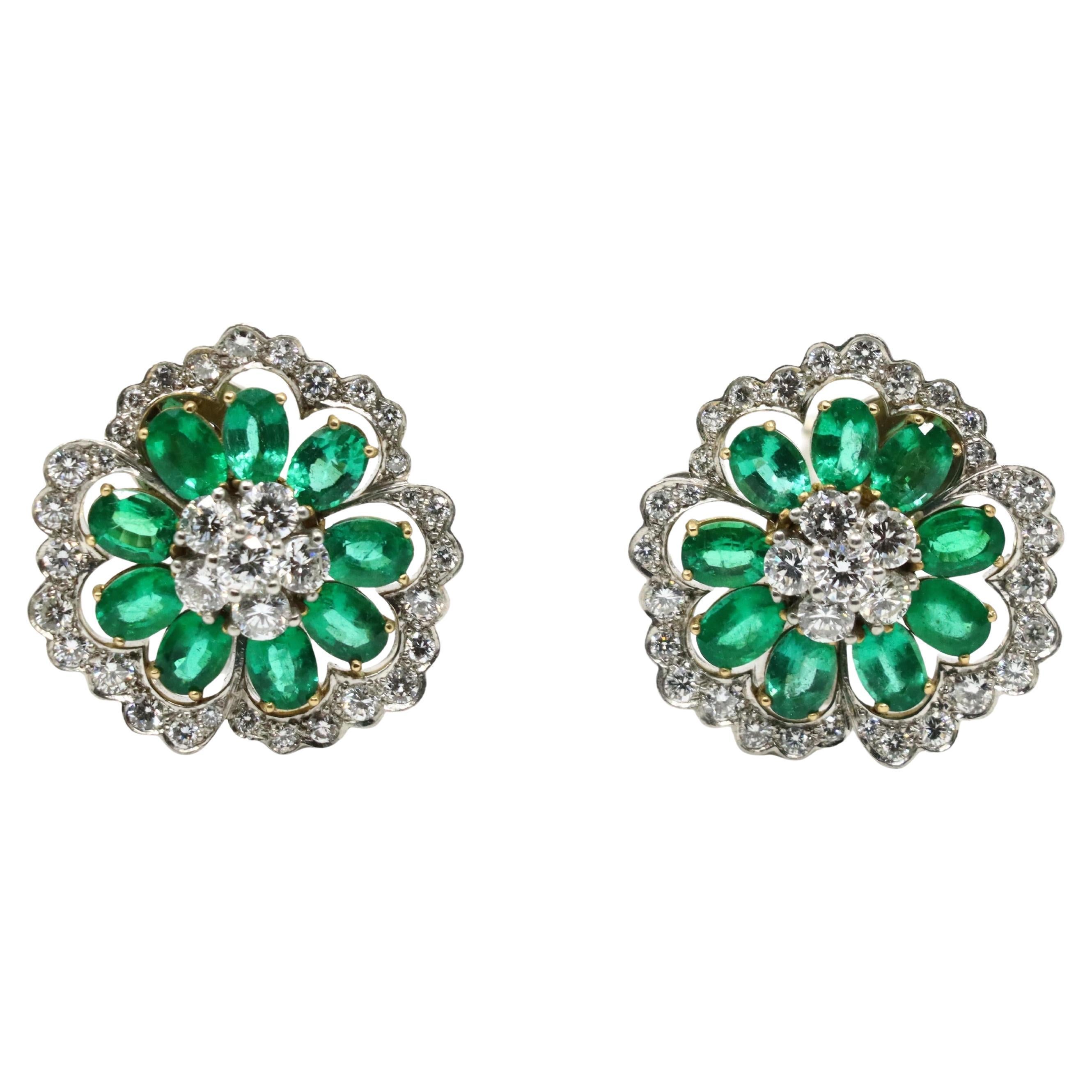 Van Cleef & Arpels Platinum Emerald And Diamond Camellia Flower Earrings