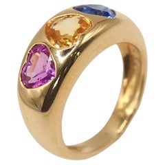 Van Cleef & Arpels 18K Gold Three Heart Multicolor Sapphire Ring