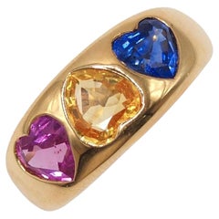 Van Cleef & Arpels 18K Gold Three Heart Multicolor Sapphire Ring