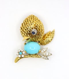 Van Cleef & Arpels 18K Gold Turquoise Diamond Robin Brooch Pin