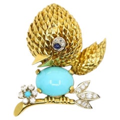 Van Cleef & Arpels 18K Gold Turquoise Diamond Robin Brooch Pin