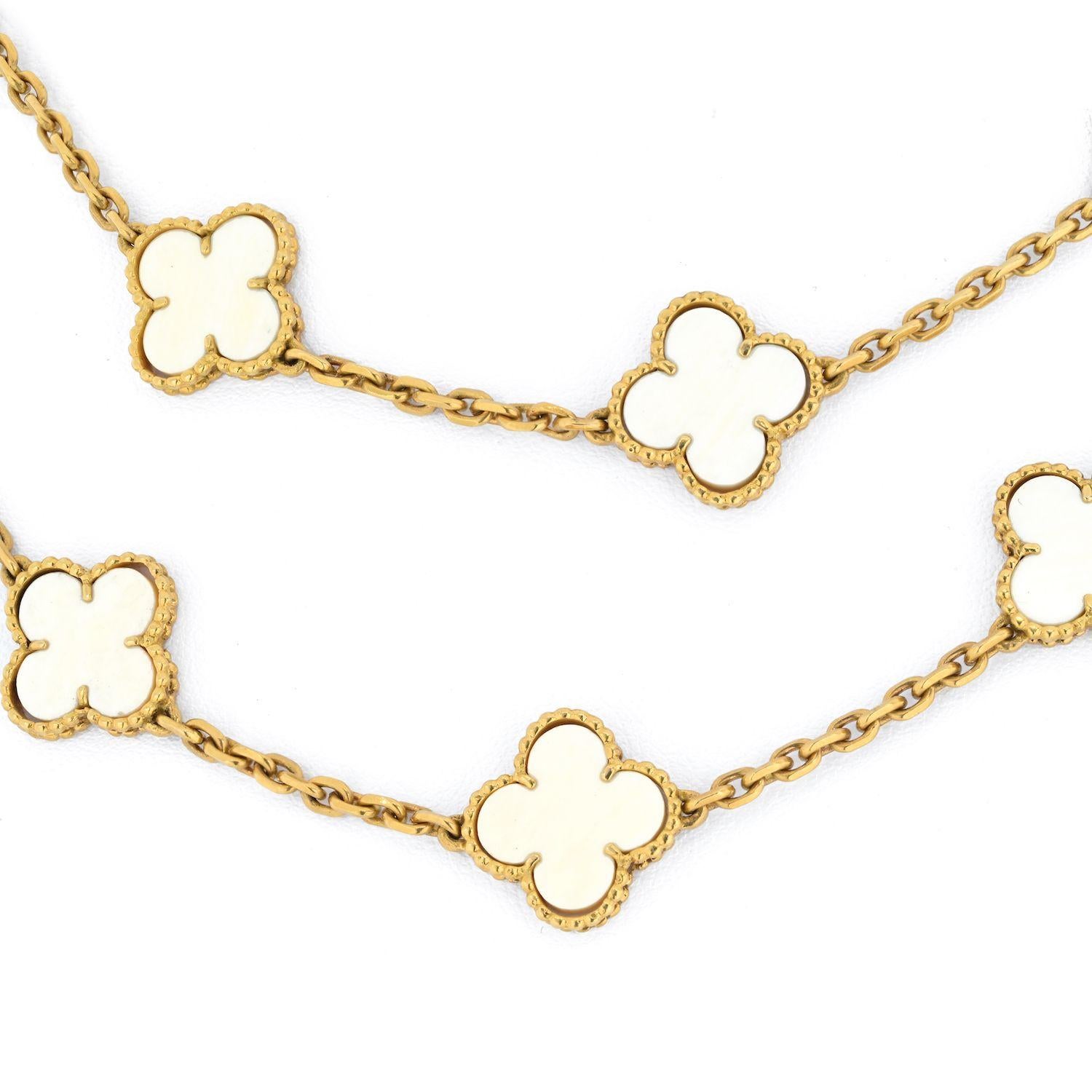 Modern Van Cleef & Arpels 18K Gold Vintage White Coral 20 Motif Alhambra Chain Necklace For Sale