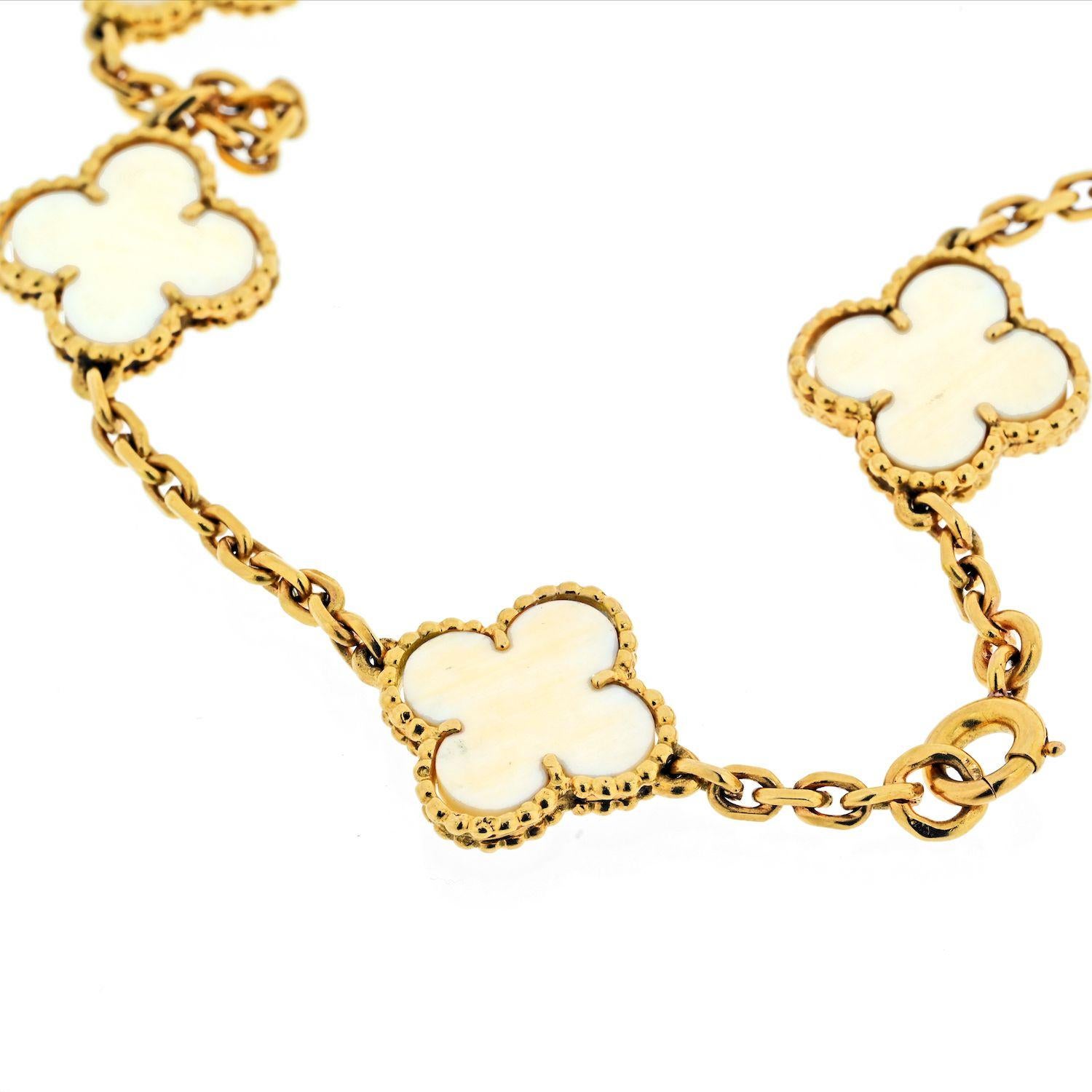 Uncut Van Cleef & Arpels 18K Gold Vintage White Coral 20 Motif Alhambra Chain Necklace For Sale