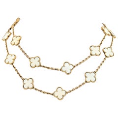 Van Cleef & Arpels 18K Gold Vintage White Coral 20 Motif Alhambra Chain Necklace