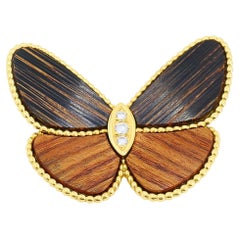 Van Cleef & Arpels 18k Gold Wood Diamond Butterfly Brooch Clip
