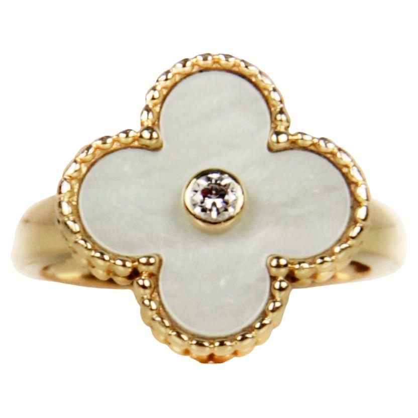 Van Cleef & Arpels 18k/ Mother of Pearl Vintage Alhambra Ring w. Diamond sz 4.5 For Sale