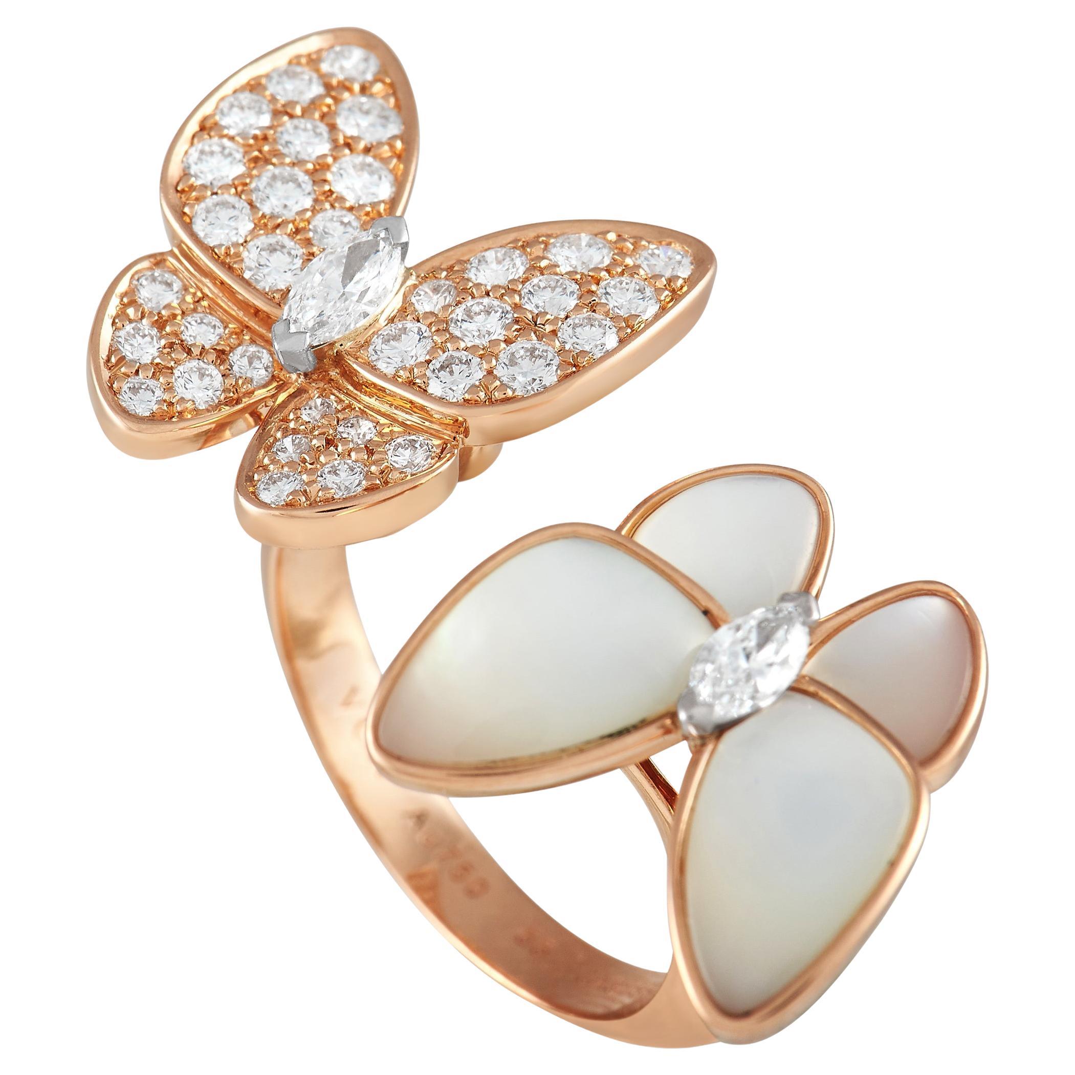 Van Cleef & Arpels 18K Rose Gold 1ct Diamond and Mother of Pearl Butterfly Ring