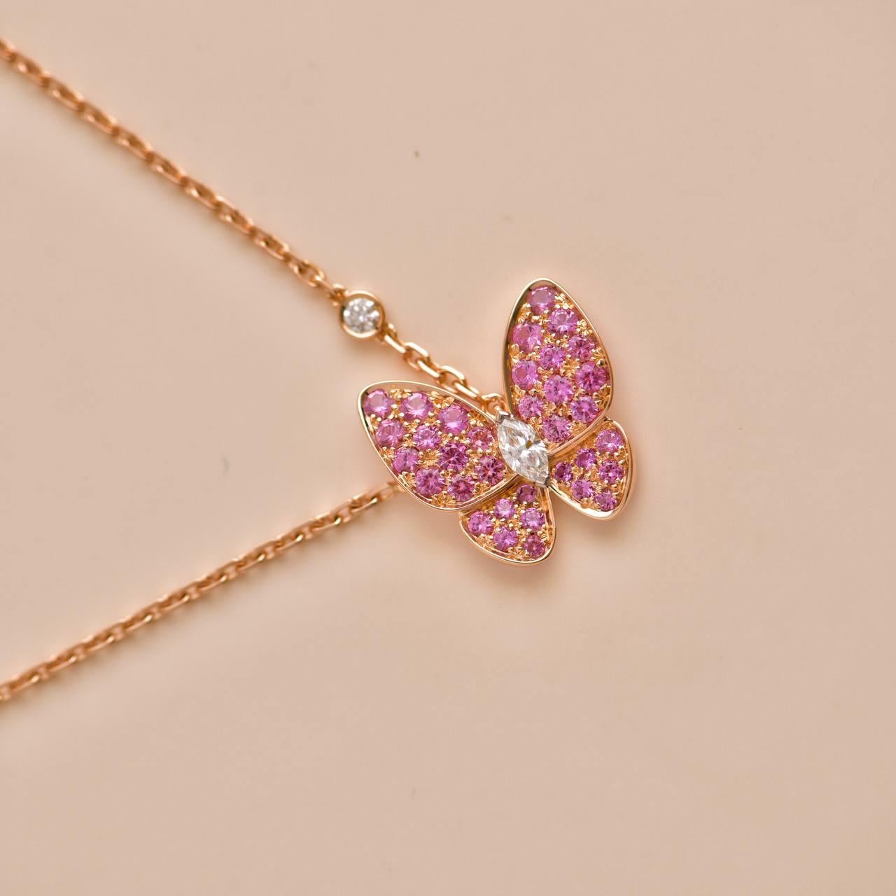Women's or Men's Van Cleef & Arpels 18K Rose Gold Pink Sapphire Two Butterfly Diamond Pendant