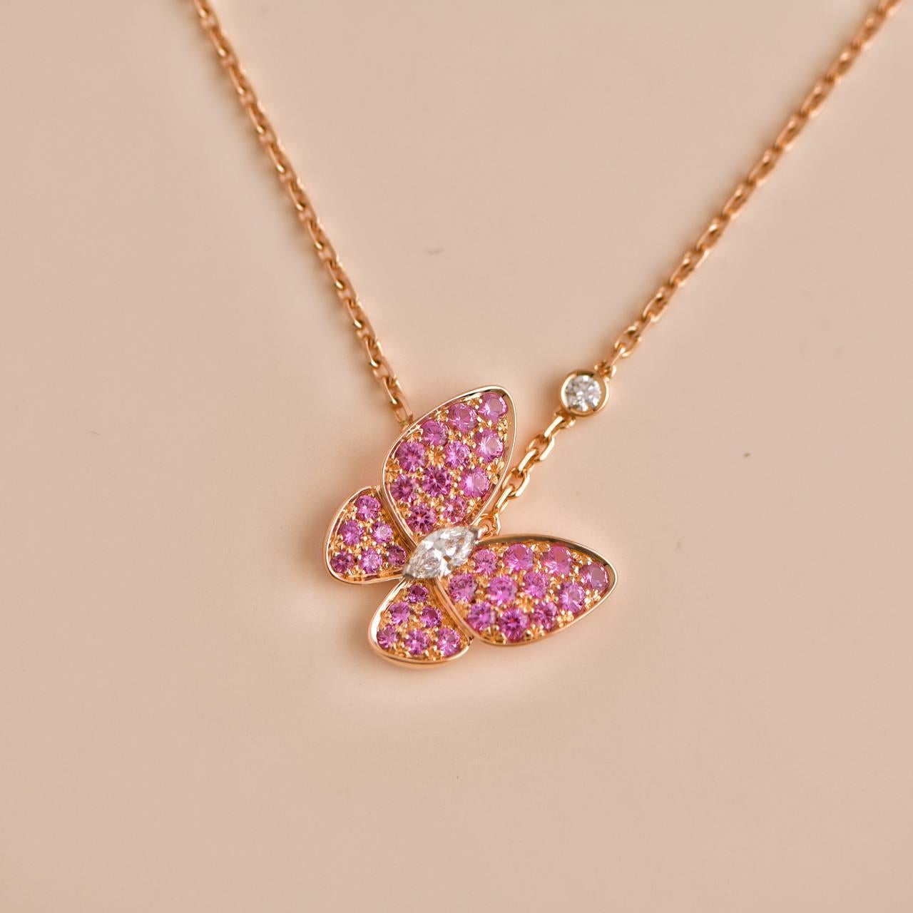 Van Cleef & Arpels 18K Rose Gold Pink Sapphire Two Butterfly Diamond Pendant 1