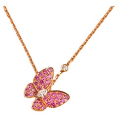 Van Cleef & Arpels 18K Rose Gold Pink Sapphire Two Butterfly Diamond Pendant