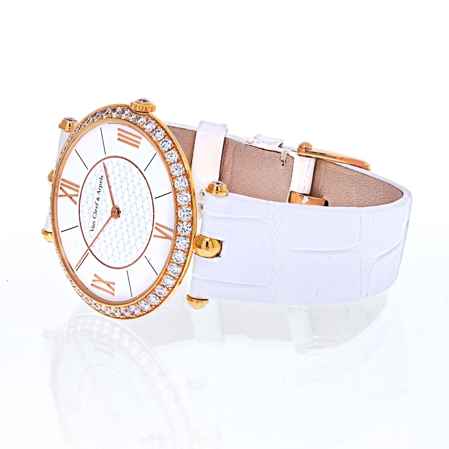 Pierre Arpels Manual in Rose Gold with Diamond Bezel
On White Alligator Leather Strap with White Lacquer Dial
Model #:	VCAR03GL00
Case:	Rose Gold with Diamond Bezel
Case Size:	38mm
Movement:	Manual
Dial:	White Lacquer
Bracelet:	White Alligator