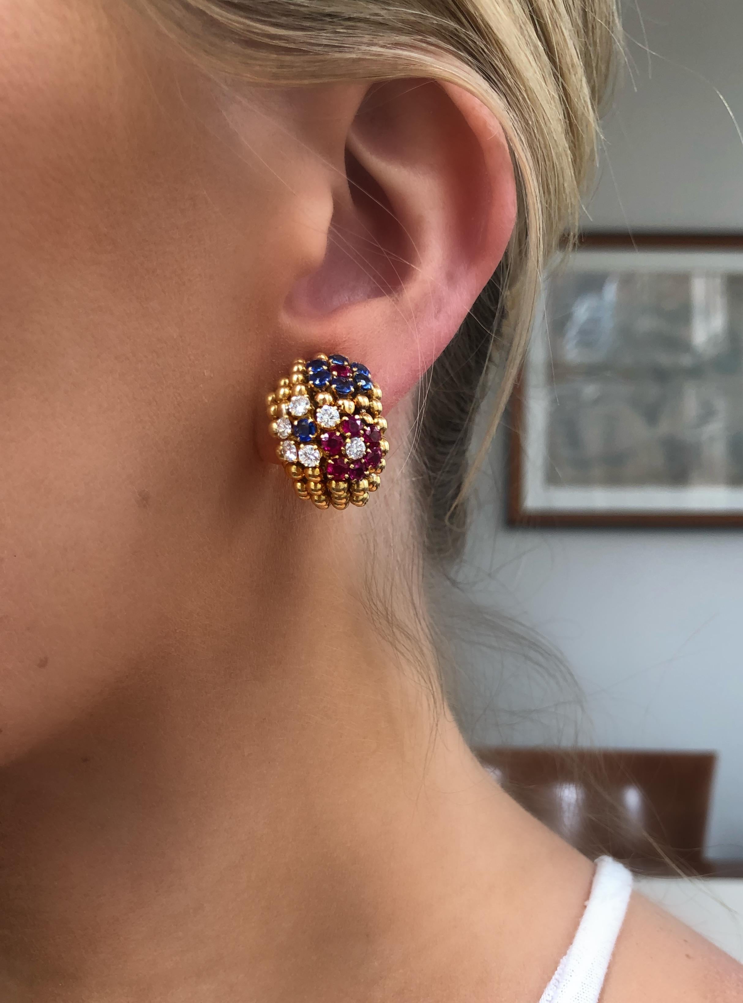 Van Cleef & Arpels 18 Karat Ruby Sapphire and Diamond Ear Clips For Sale 1