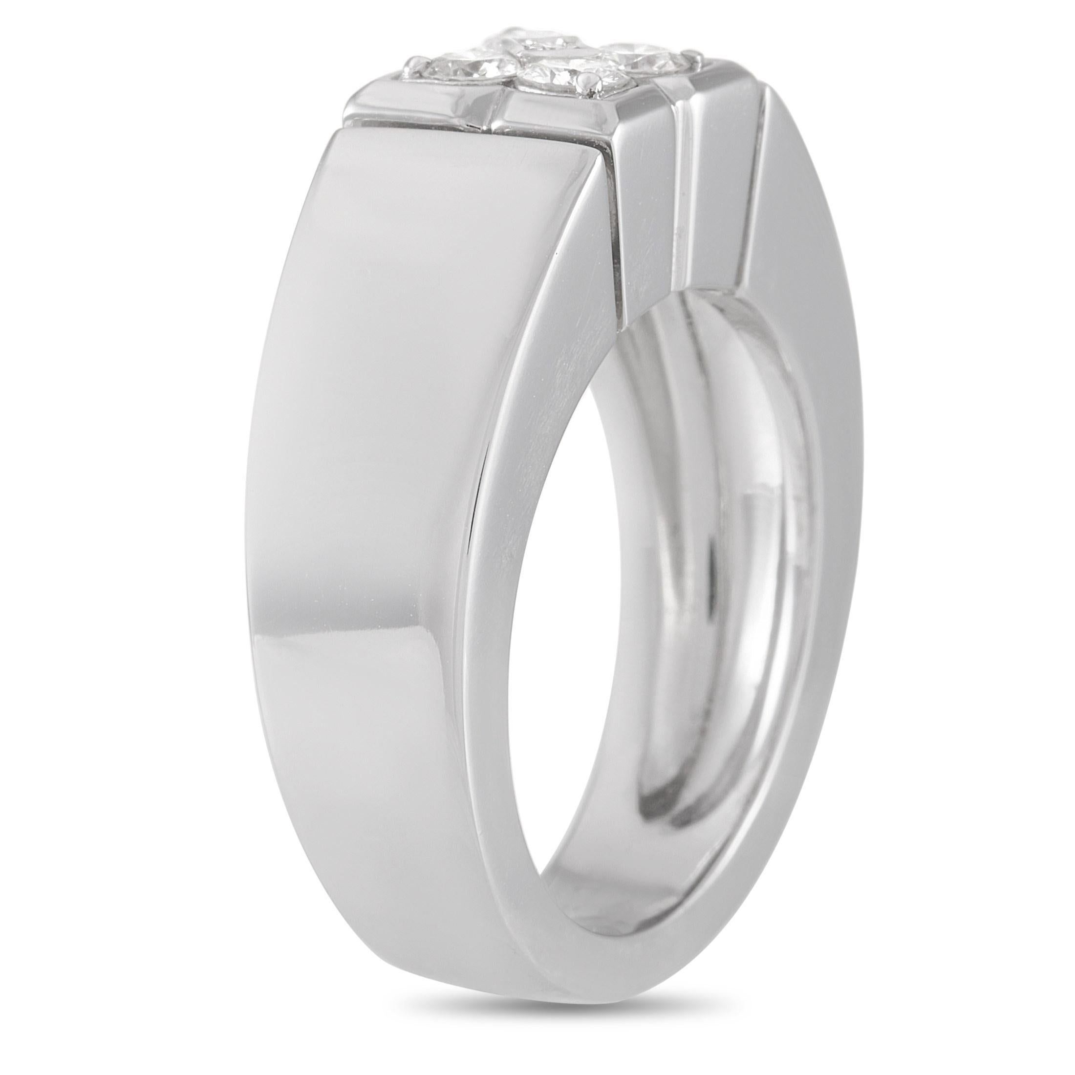 The Van Cleef & Arpels 18K White Gold 0.40 ct Diamond Ring is a semi-chunky, semi-wide ring with an 8mm by 8mm top dimension and a 7mm band thickness. The top height measures 6mm and perfectly complements the solid and boxy silhouette of the ring.