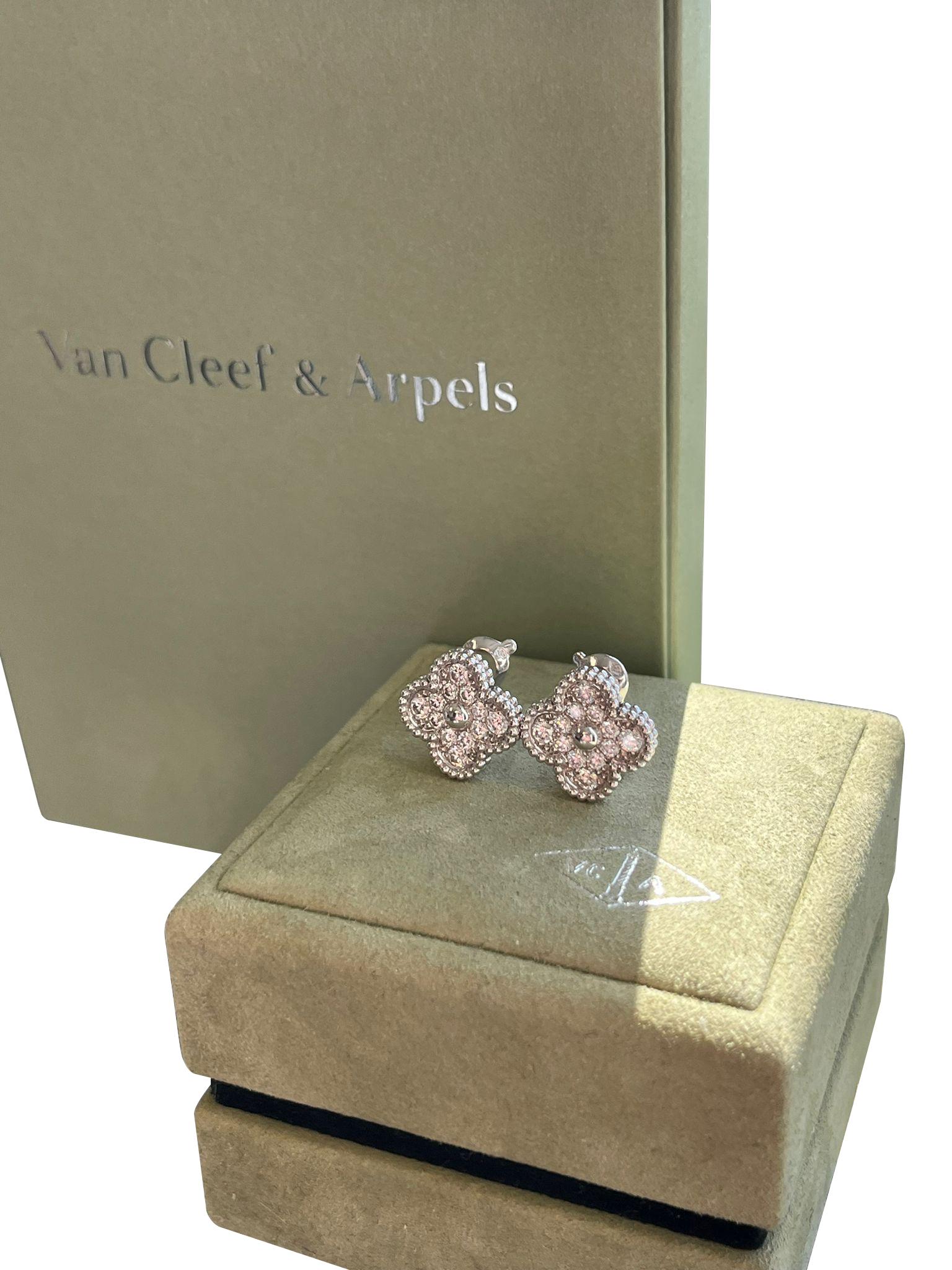 Van Cleef & Arpels 18K White Gold 0.96ct Diamond Vintage Alhambra Earrings For Sale 8