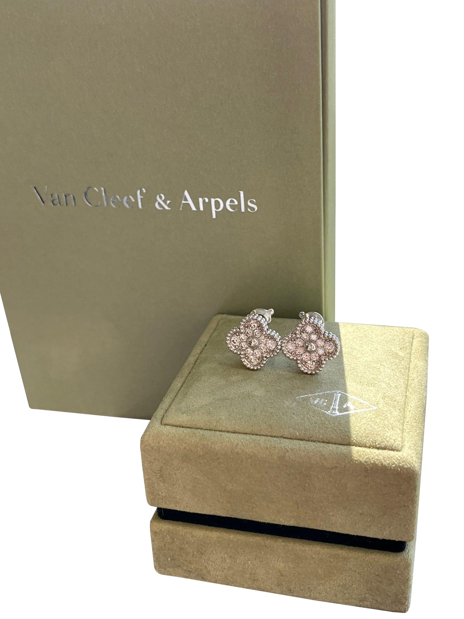Van Cleef & Arpels 18K White Gold 0.96ct Diamond Vintage Alhambra Earrings For Sale 9
