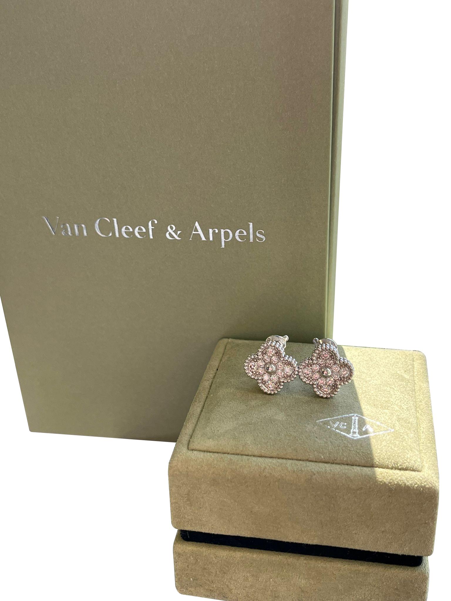 Van Cleef & Arpels 18K White Gold 0.96ct Diamond Vintage Alhambra Earrings For Sale 10