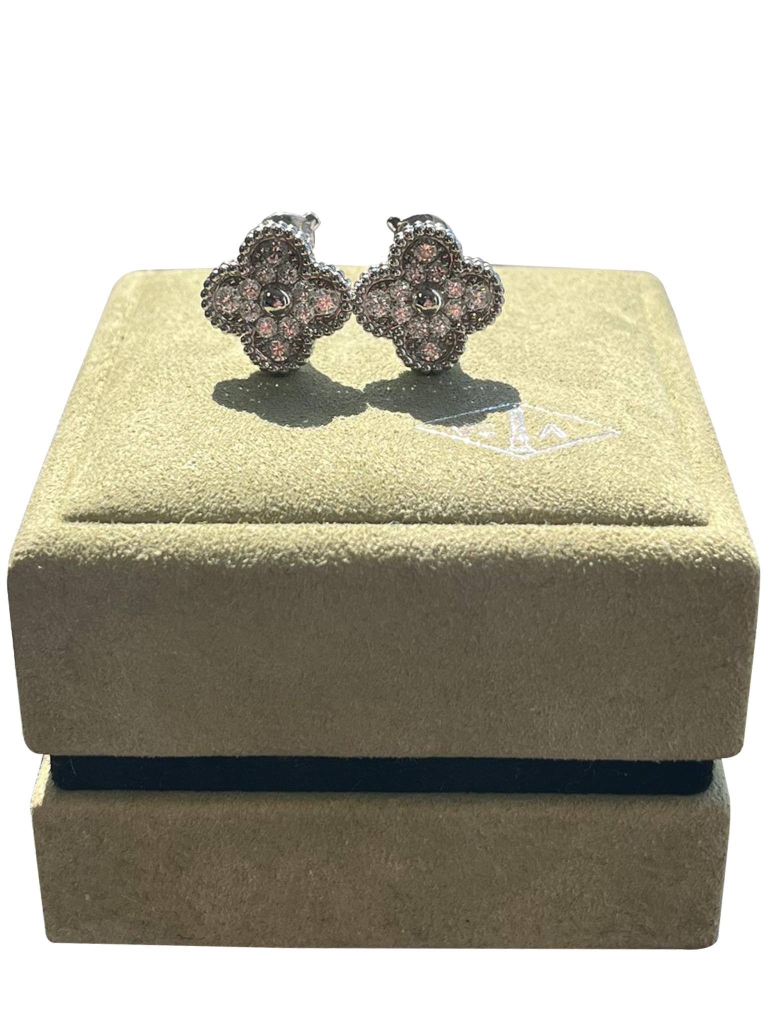 Van Cleef & Arpels 18K White Gold 0.96ct Diamond Vintage Alhambra Earrings In Good Condition For Sale In Aventura, FL