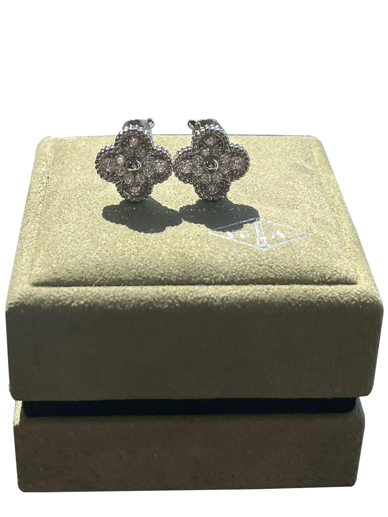 Women's Van Cleef & Arpels 18K White Gold 0.96ct Diamond Vintage Alhambra Earrings For Sale