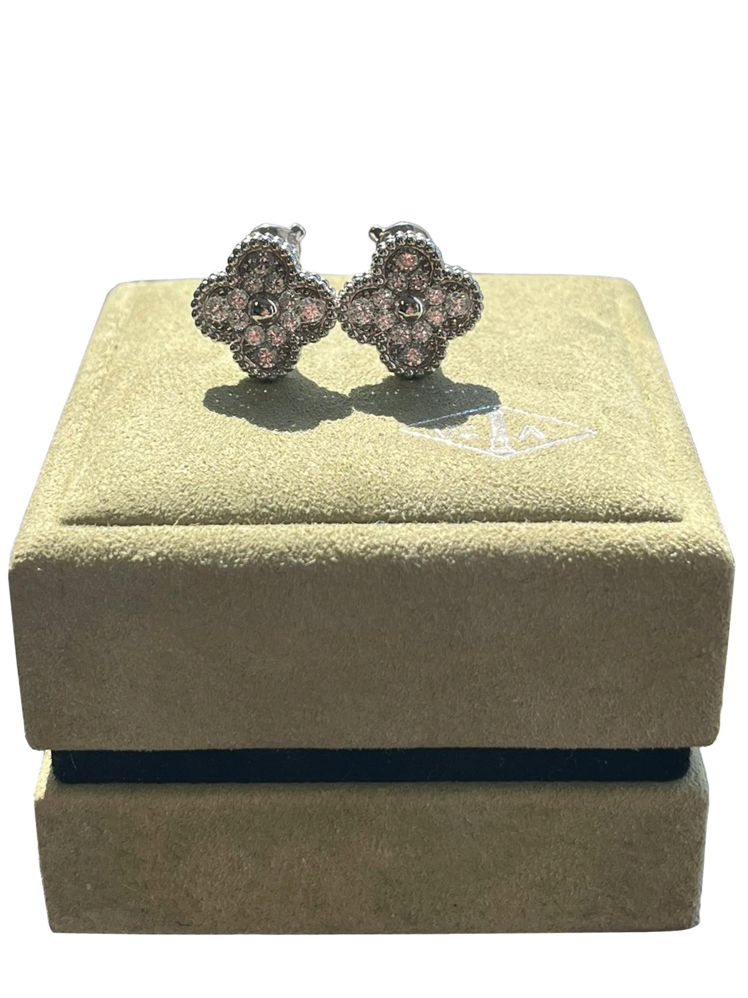 Modernist Van Cleef & Arpels 18K White Gold 0.96ct Diamond Vintage Alhambra Earrings For Sale