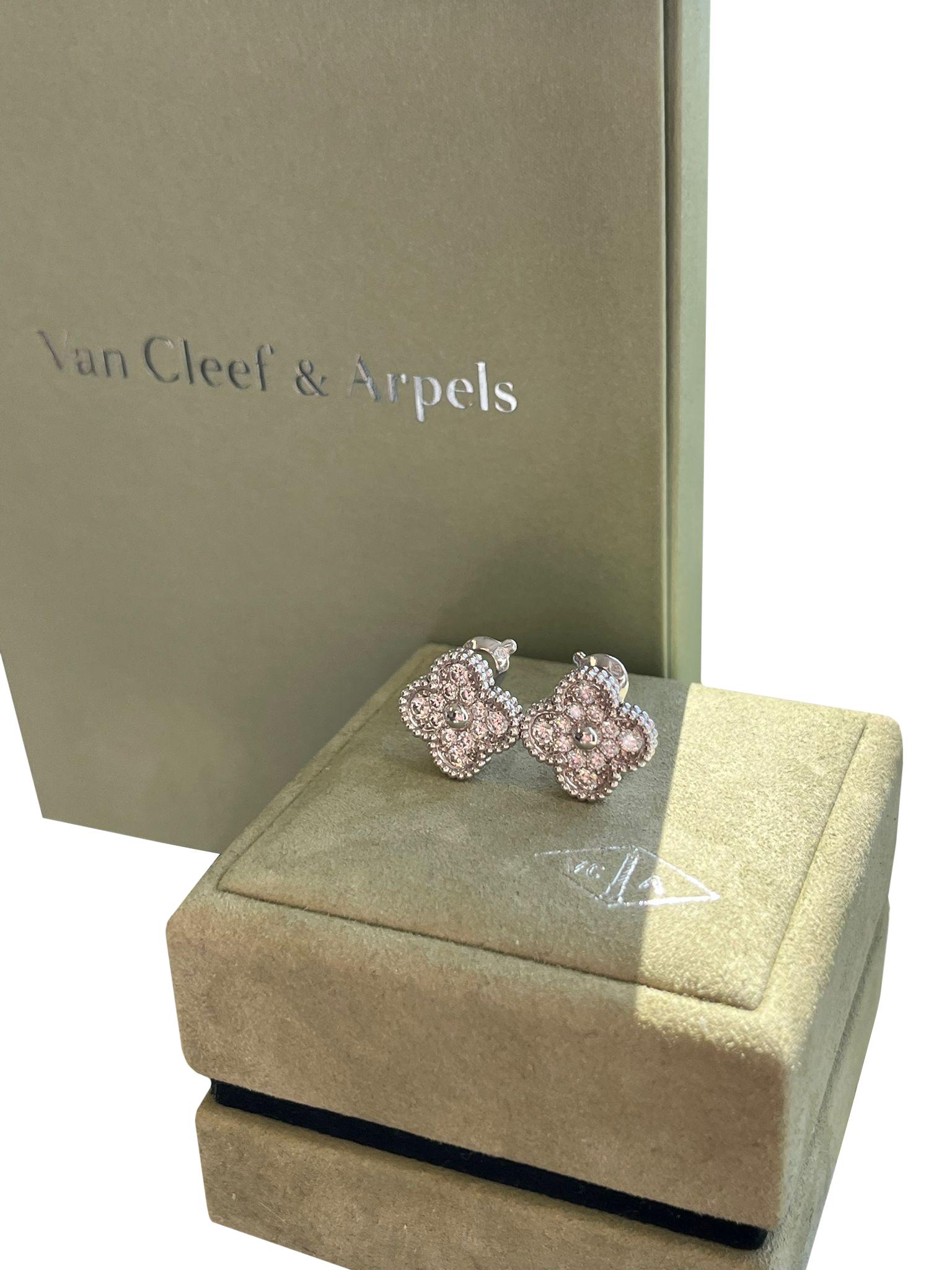 Van Cleef & Arpels 18K White Gold 0.96ct Diamond Vintage Alhambra Earrings For Sale 4