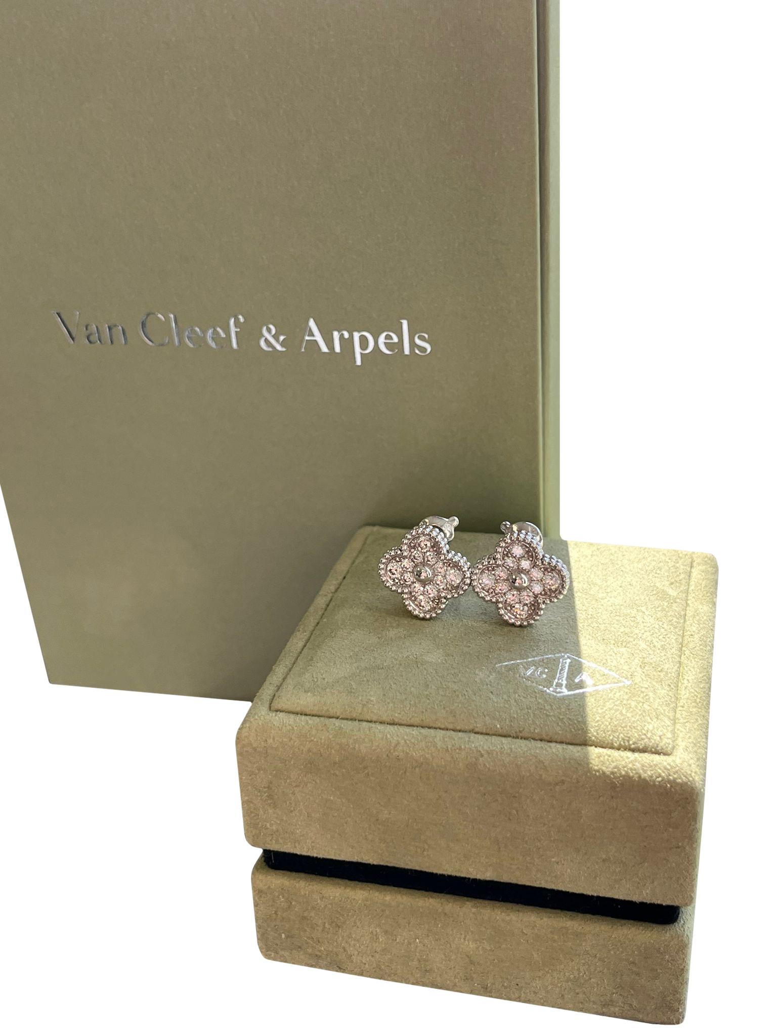 Van Cleef & Arpels 18K White Gold 0.96ct Diamond Vintage Alhambra Earrings For Sale 5