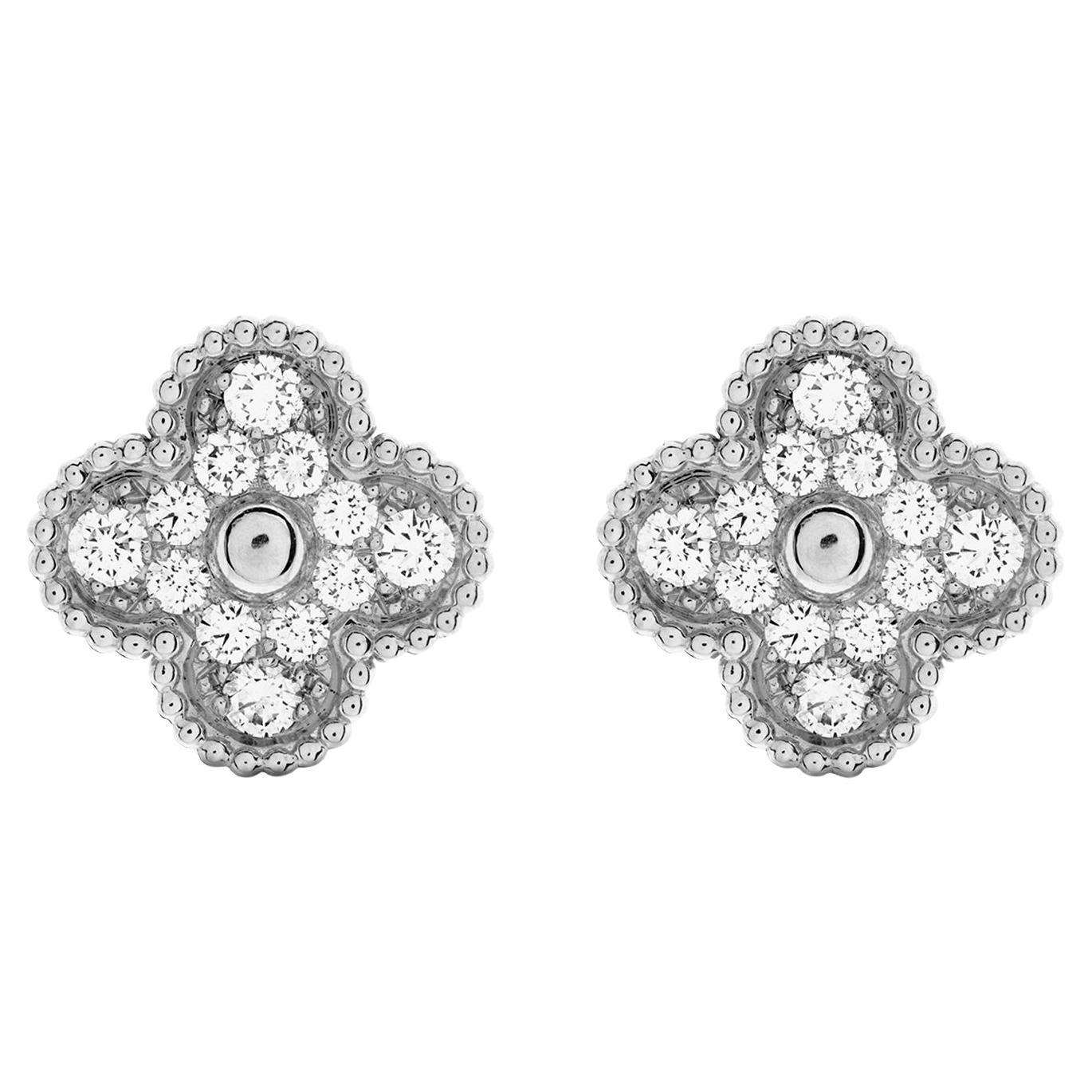 Van Cleef & Arpels 18K White Gold 0.96ct Diamond Vintage Alhambra Earrings For Sale