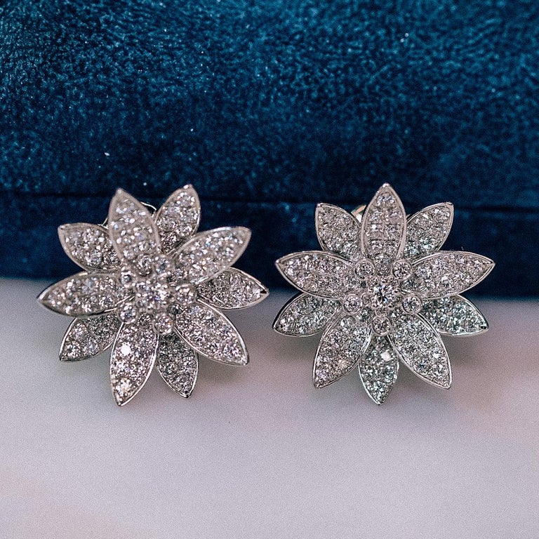 Van Cleef Arpels 18K White Gold 3.30cttw Lotus Diamond Earrings Medium Model