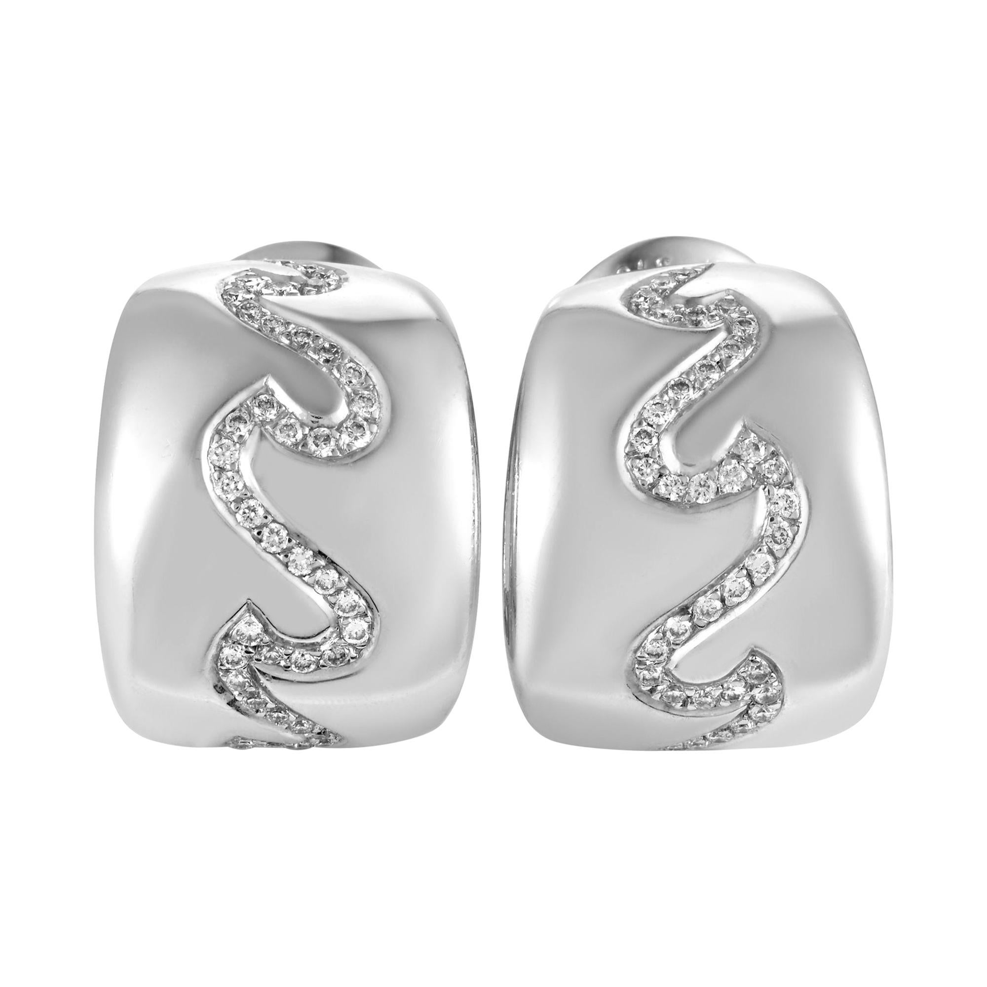 Van Cleef & Arpels 18k White Gold Diamond Wave Huggie Earrings 0.90cttw