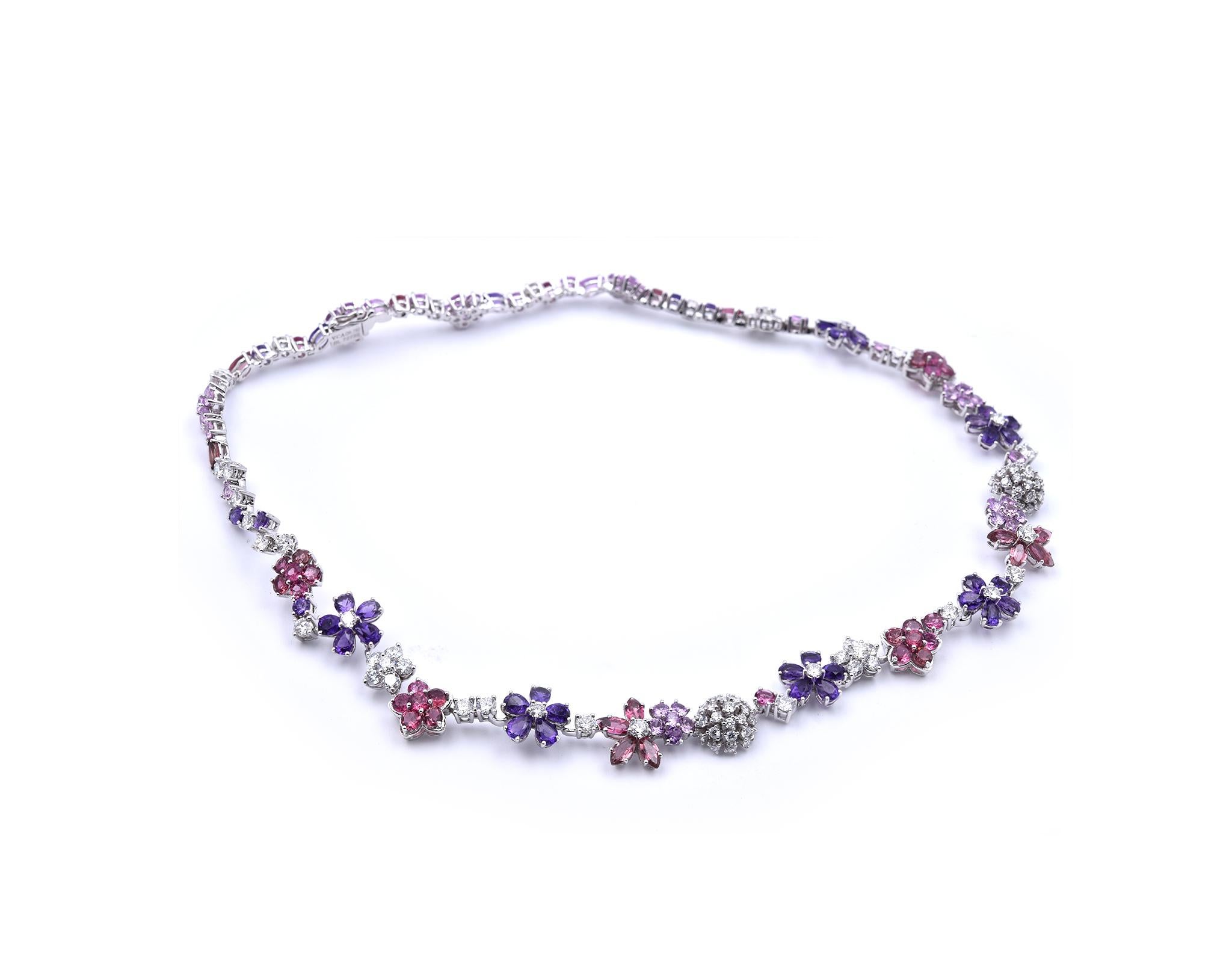 Designer: Van Cleef & Arpels
Material: 18k white gold
Sapphires: 127 mauve and pink sapphires = 23.64cttw
Diamonds: 103 round brilliant cuts = 6.9cttw
Color: G
Clarity: VS
Dimensions: necklace measures 14.5-inches in length
Weight: 26.94 grams
