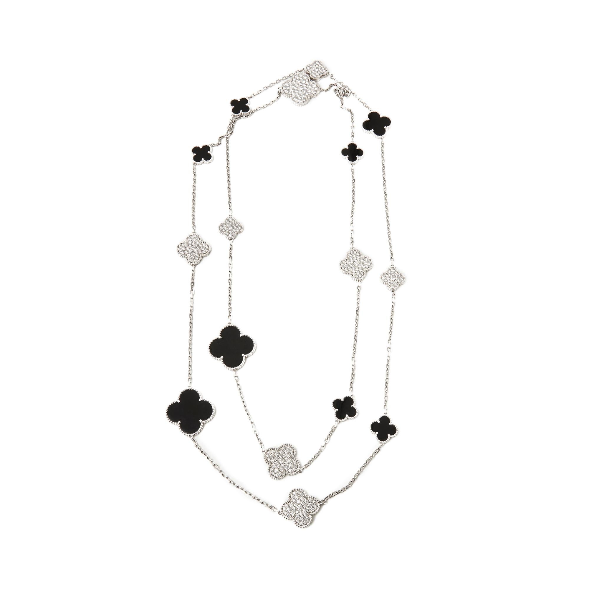 Code: COM2066
Brand: Van Cleef & Arpels
Description: 18k White Gold Onyx & Diamond Limited Edition Fifth Avenue Magic Alhambra Necklace
Accompanied With: Certificate & Presentation Box
Gender: Ladies
Necklace Length: 122cm
Necklace Width: