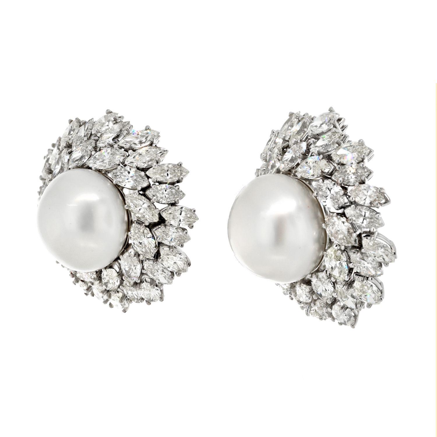 Round Cut Van Cleef & Arpels 18K White Gold Pearl Diamond Bombe Earrings For Sale