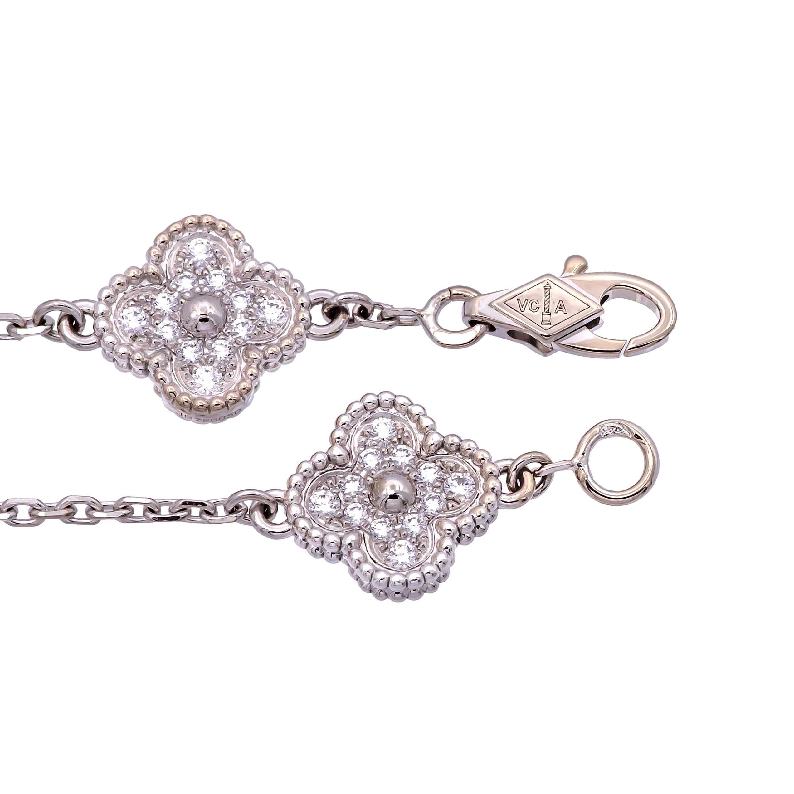Van Cleef & Arpels 18K White Gold Sweet Alhambra Diamond Bracelet 6 Motif In Excellent Condition In New York, NY