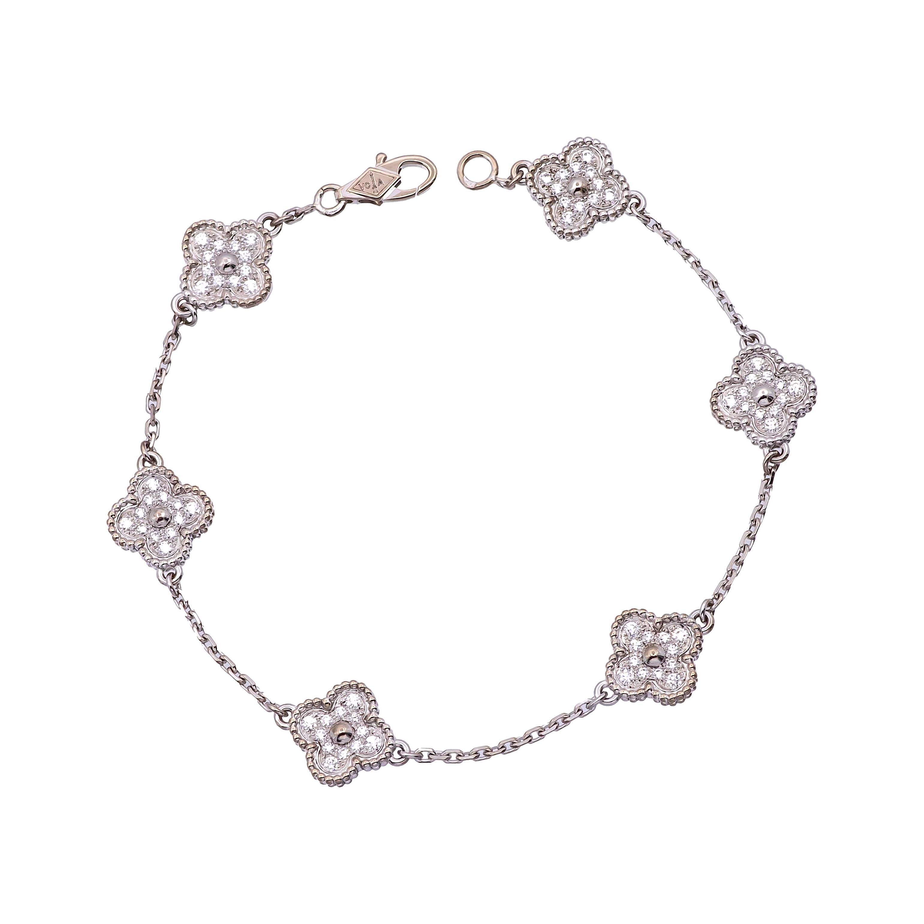 Women's Van Cleef & Arpels 18K White Gold Sweet Alhambra Diamond Bracelet 6 Motif