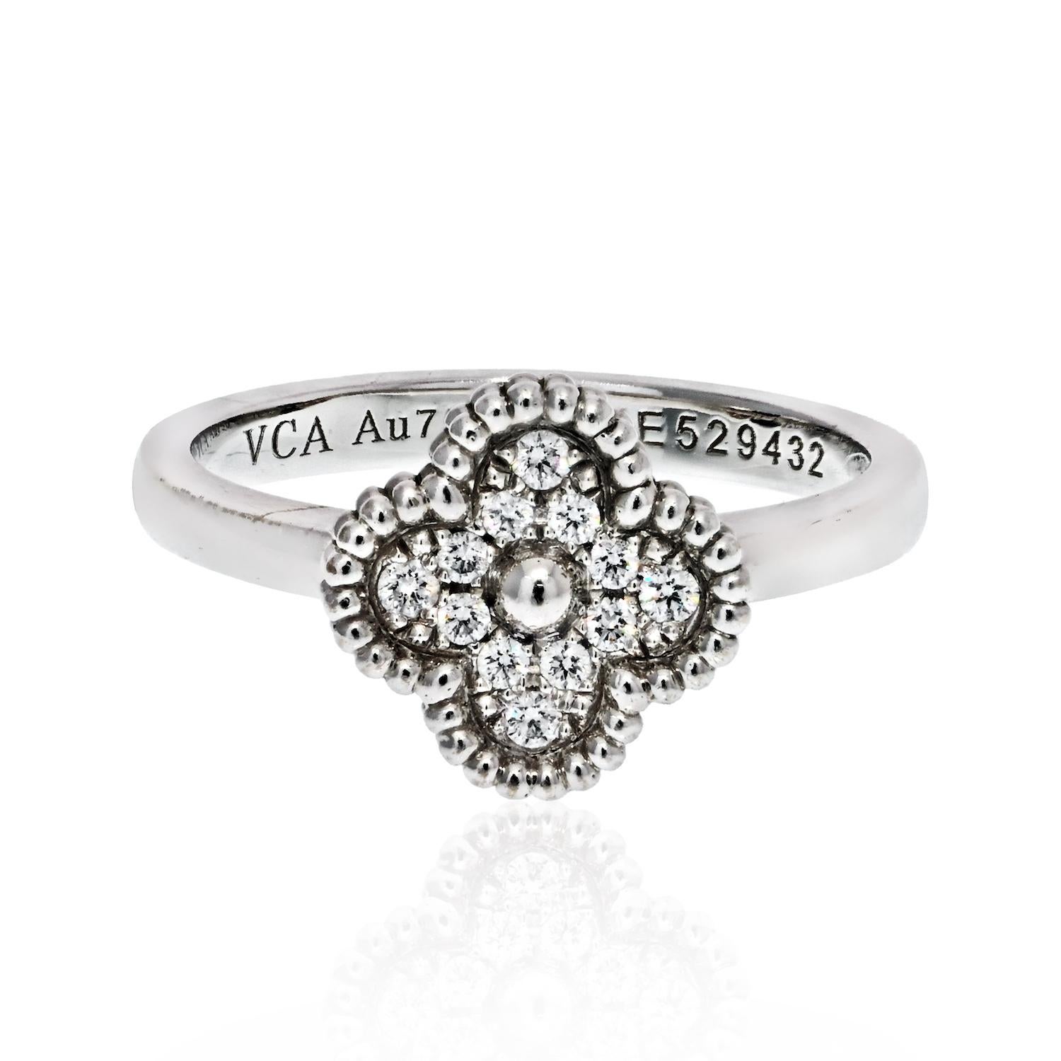 Van Cleef & Arpels 18K White Gold Sweet Alhambra Diamond Mini Ring.
Size 47. American 4.
With VCA Certificate.
Perfect as a pinky.