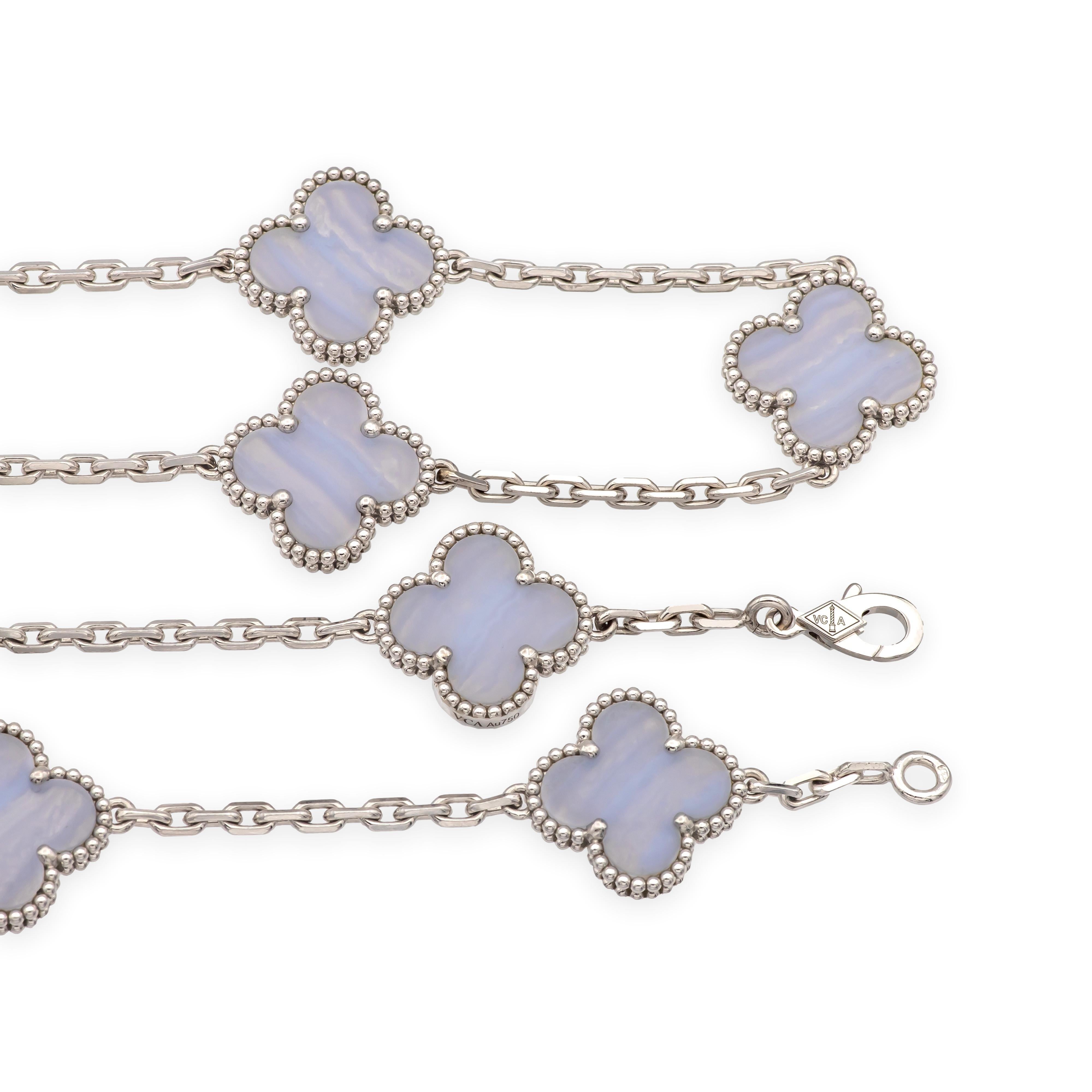 This Pre-owned Van Cleef & Arpels Vintage Alhambra necklace, originally purchased in March 2022 from VCA's 5th Ave location, features 20 chalcedony motifs set in 18K white gold. The necklace measures 33.8 inches in length and weighs 48.3 grams. Each