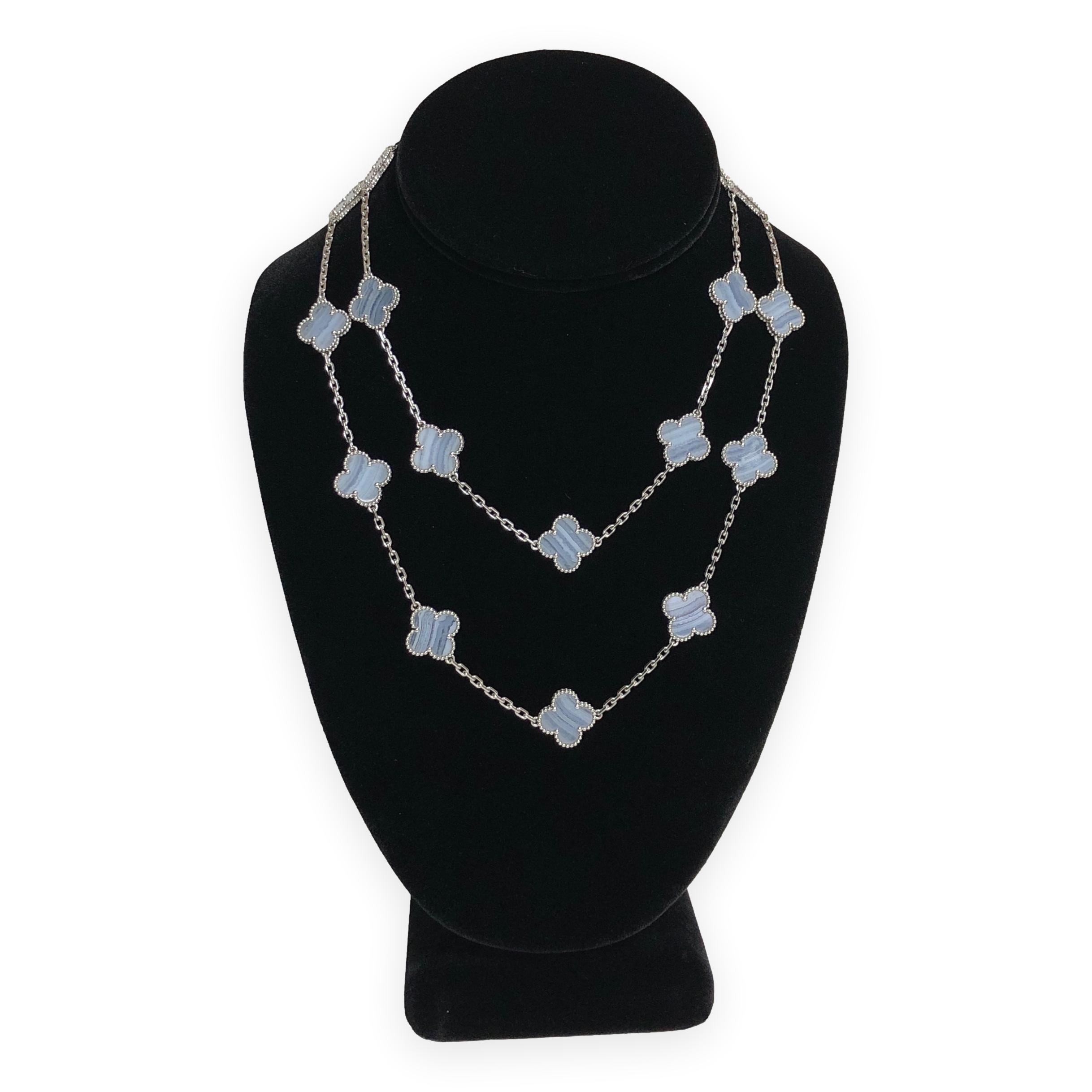 Contemporary Van Cleef & Arpels 18K White Gold Vintage Alhambra 20 Motif Chalcedony Necklace For Sale