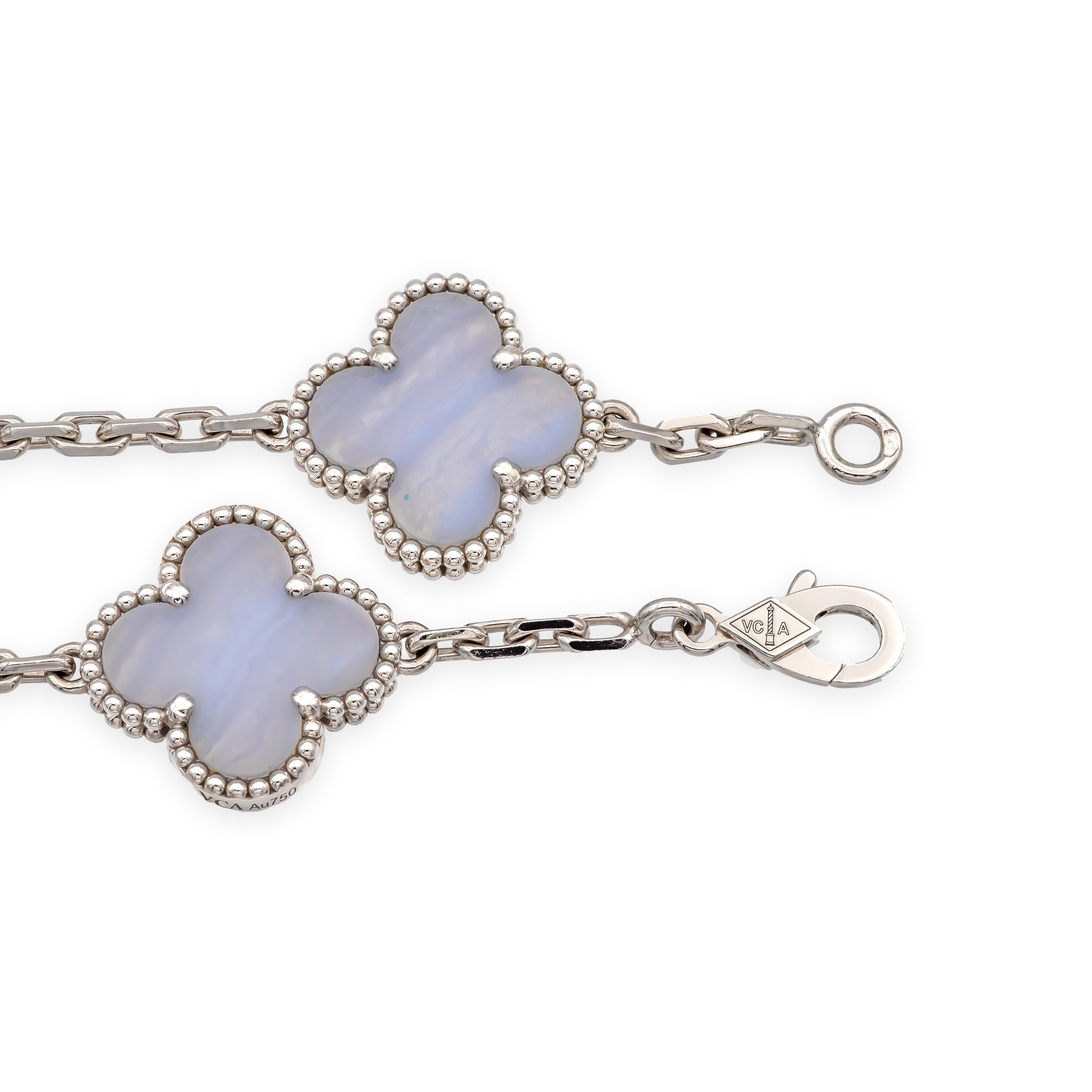 Uncut Van Cleef & Arpels 18K White Gold Vintage Alhambra 20 Motif Chalcedony Necklace For Sale