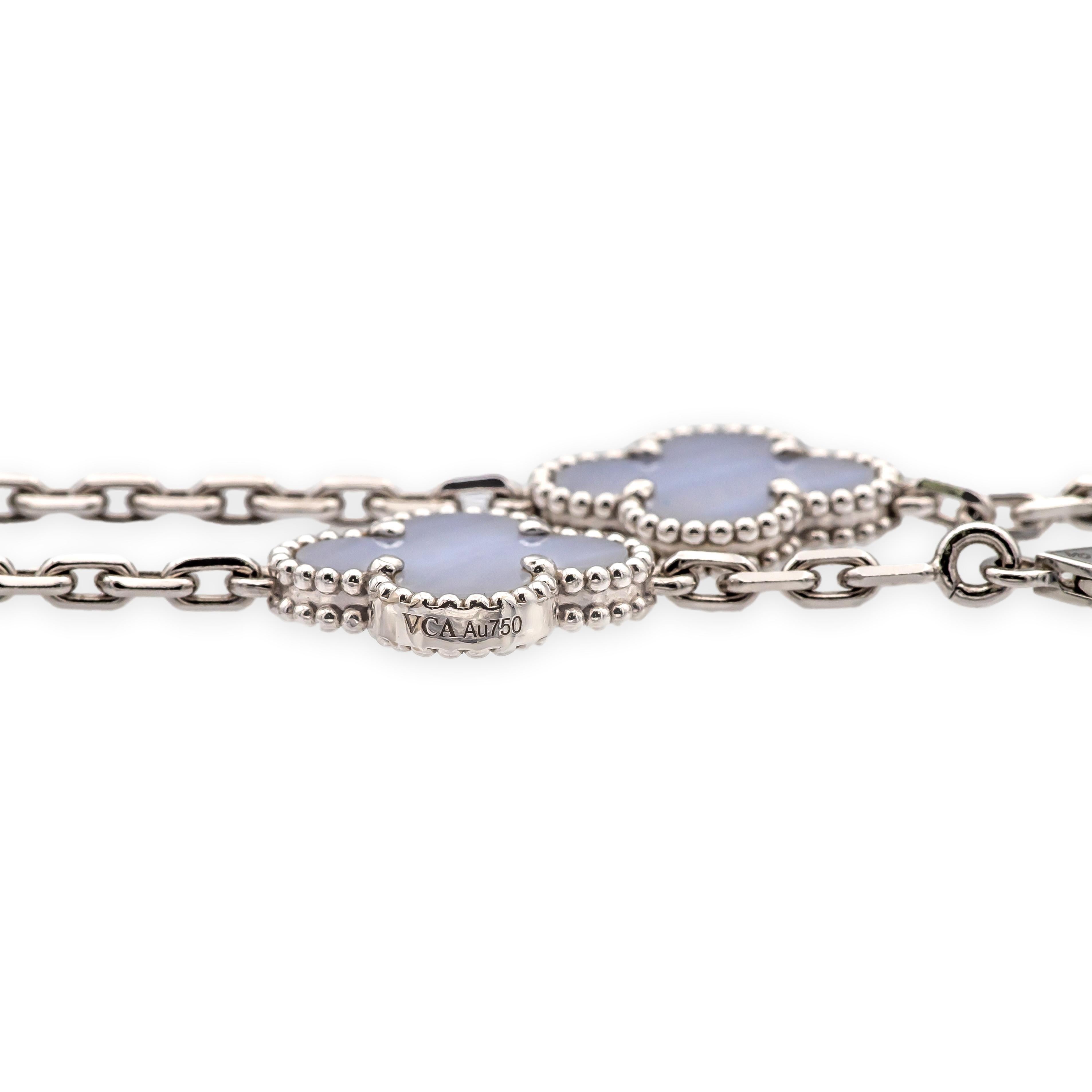 Van Cleef & Arpels 18K White Gold Vintage Alhambra 20 Motif Chalcedony Necklace In Excellent Condition For Sale In New York, NY